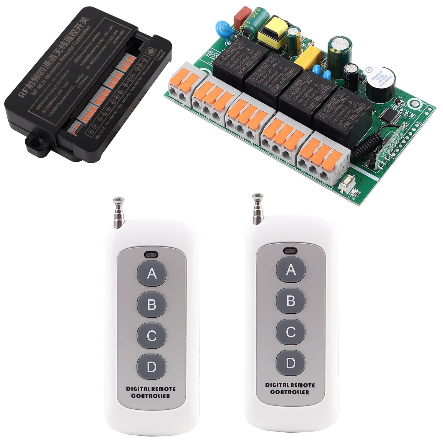 AC 110V 4CH Wireless Remote Control Switch Relay 433MHz 2 Controllers Kit