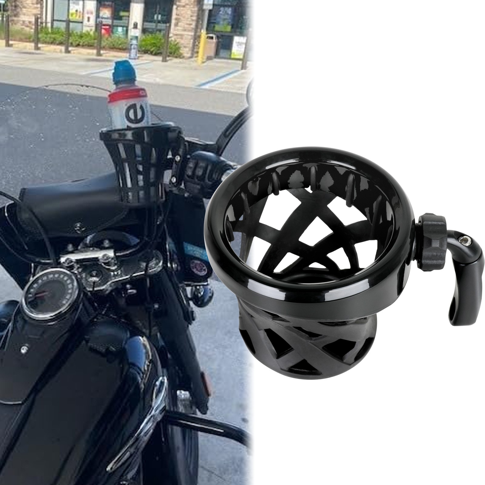 Motorcycle Drink Cup Holder Handlebar w/Mesh Basket Mount For Harley Tri Glide