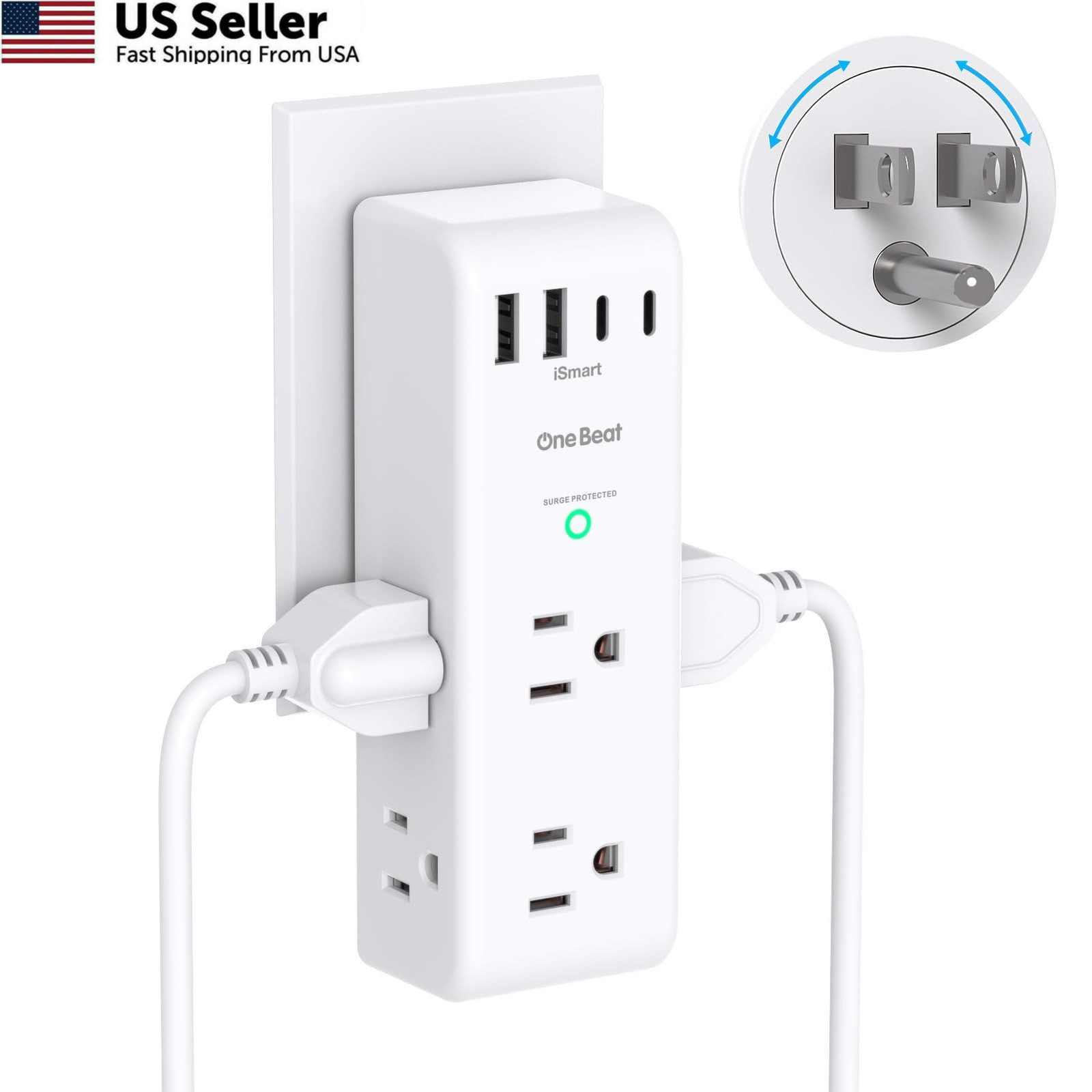 Surge Protector Outlet Extender - with Rotating Plug, 6 2C2A, 1 Pack, White