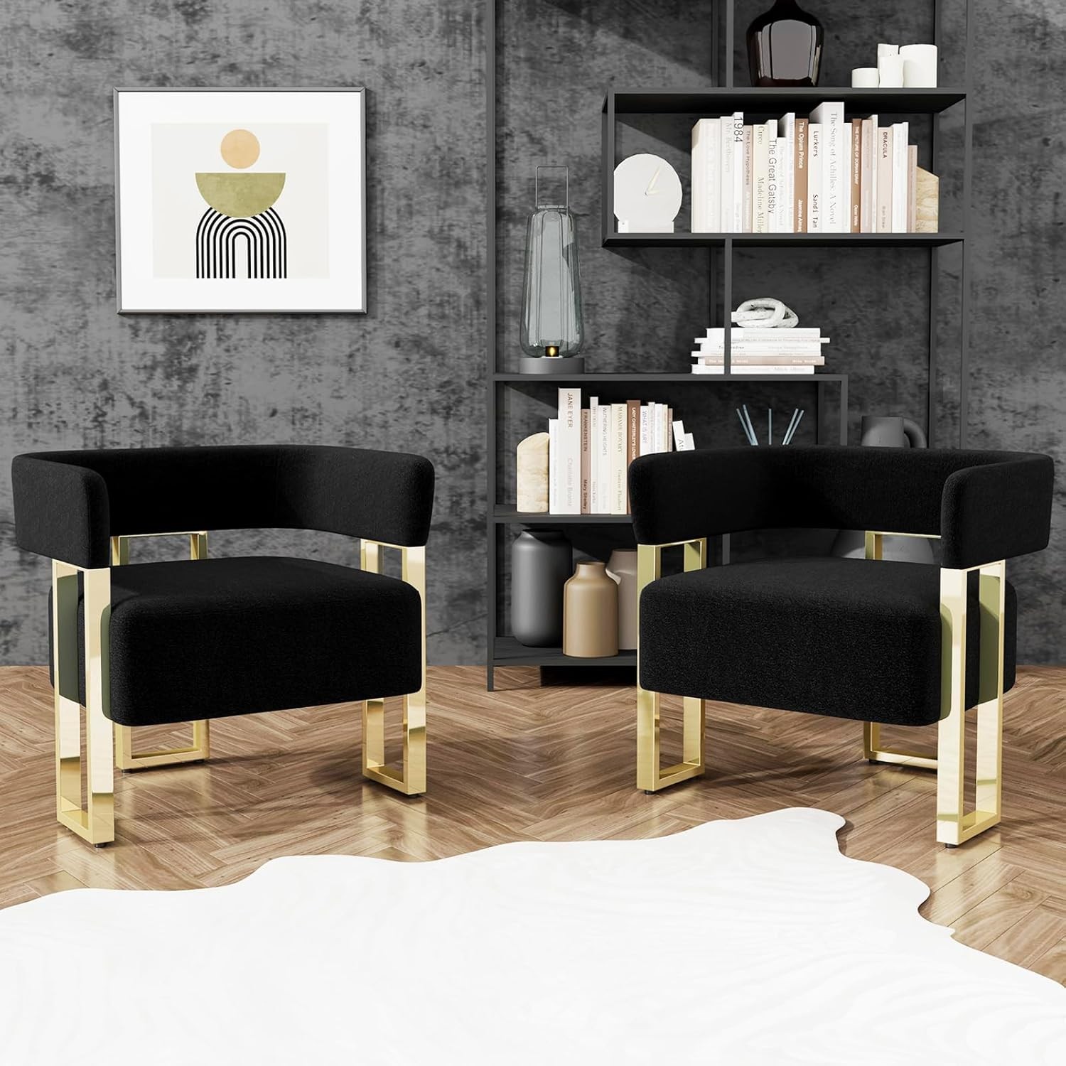 Modern Black and Gold Accent Chair Set of 2 Boucle Bucket Arm Chairs Bedroom