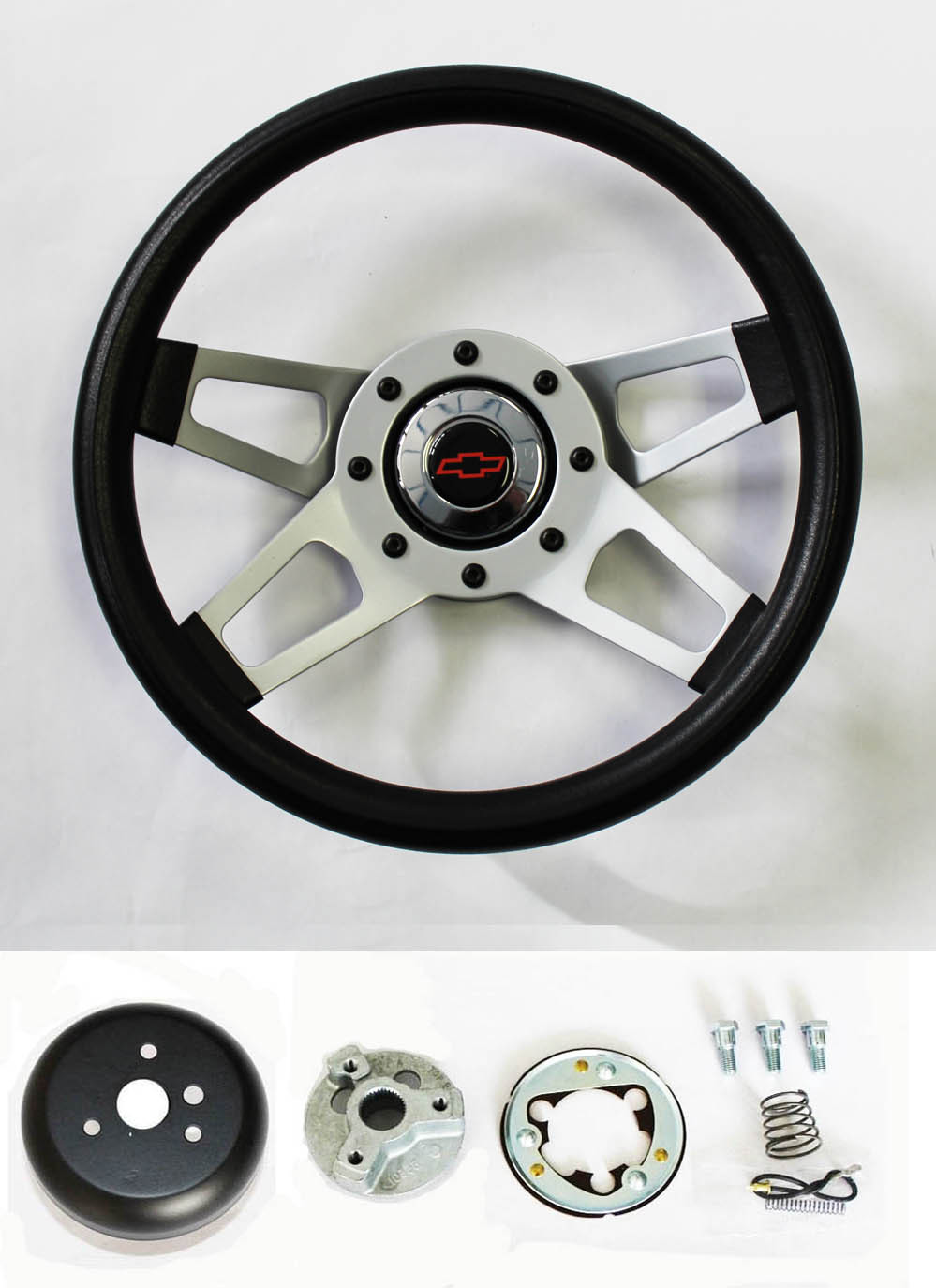 C10 C20 C30 Blazer Grant Black Steering Wheel 4 Spoke 13 1/2" red/blk Bowtie cap