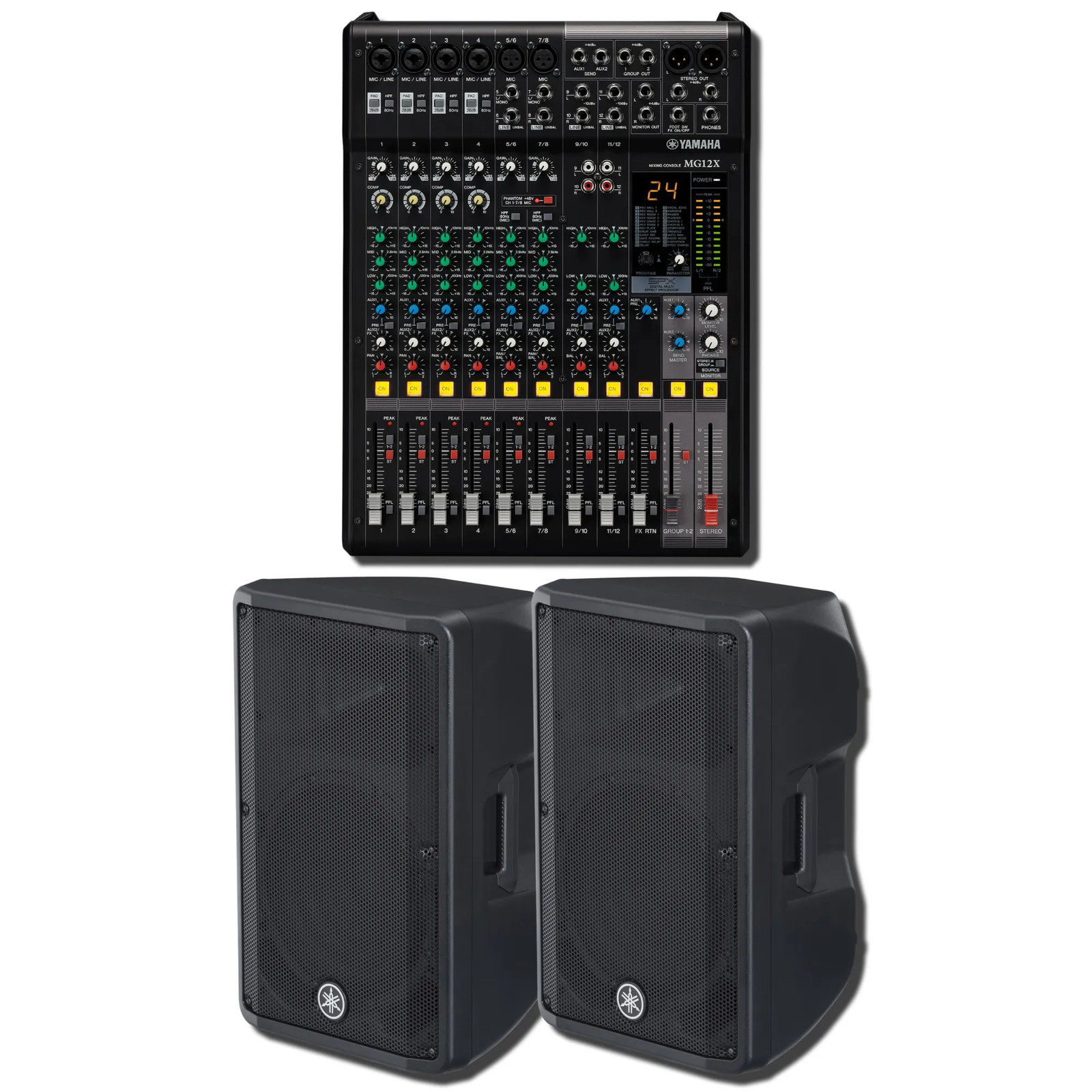 Yamaha MG12X CV 12-Ch Analog Mixer w/ 2x DBR12 1000W Powered Speakers Bundle