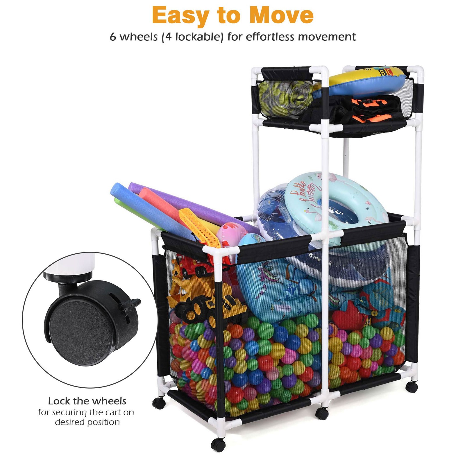 Yescom Extra Large Mesh Pool Storage Bin 6-Wheel Rolling 2-Decker Cart Closeout