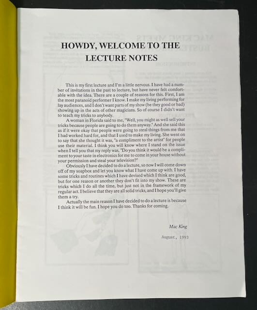 Mac King’s First Lecture Notes 1993 Rare Comedy Magic Lecture Booklet