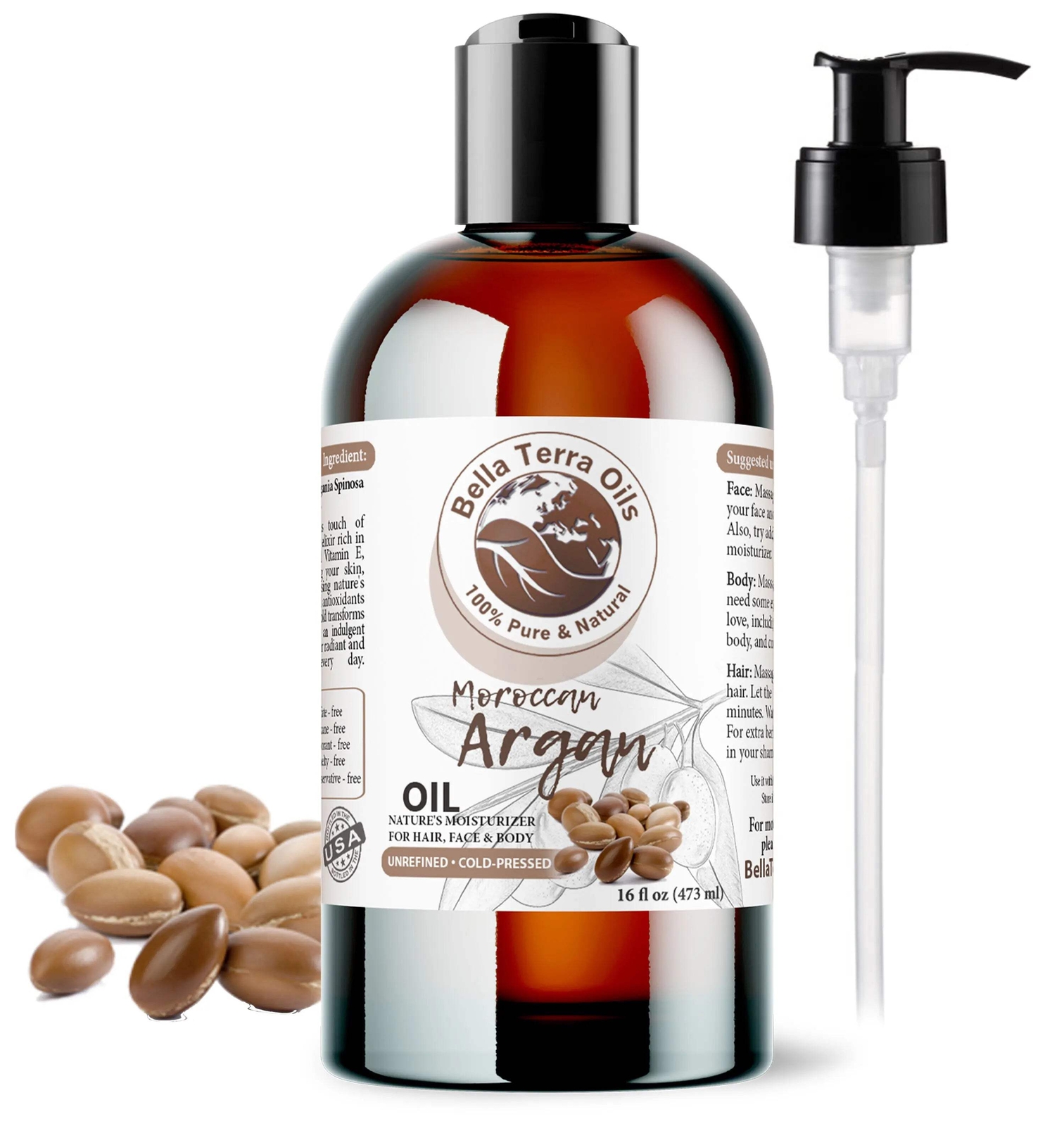 Moroccan Argan Oil - 16oz | Premium Cold-Pressed Oil for Skin, Hair, & DIY Proje