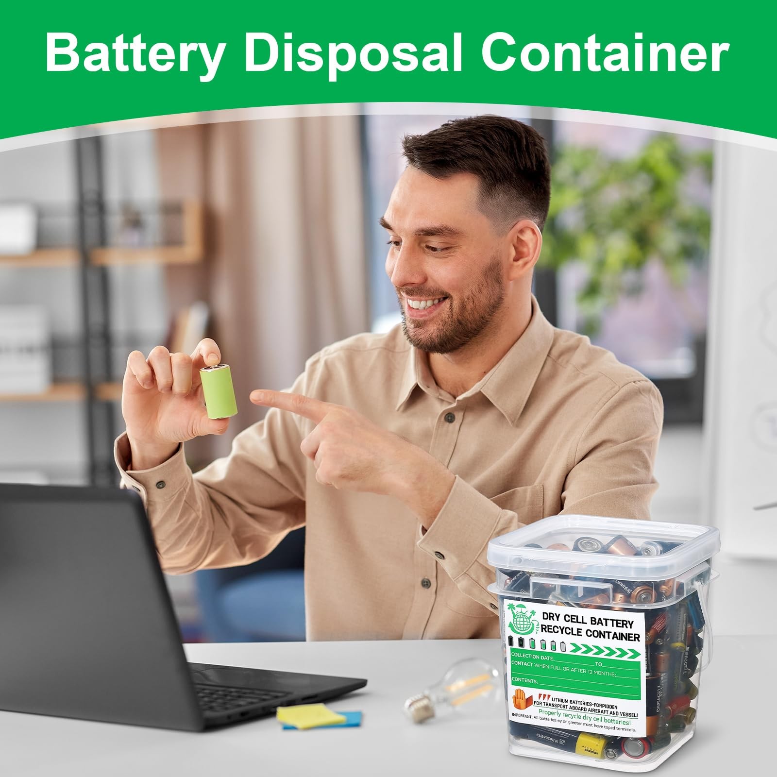 Dry Cell Battery Disposal Container 1.3 Gallon Battery Recycling Container Dr...
