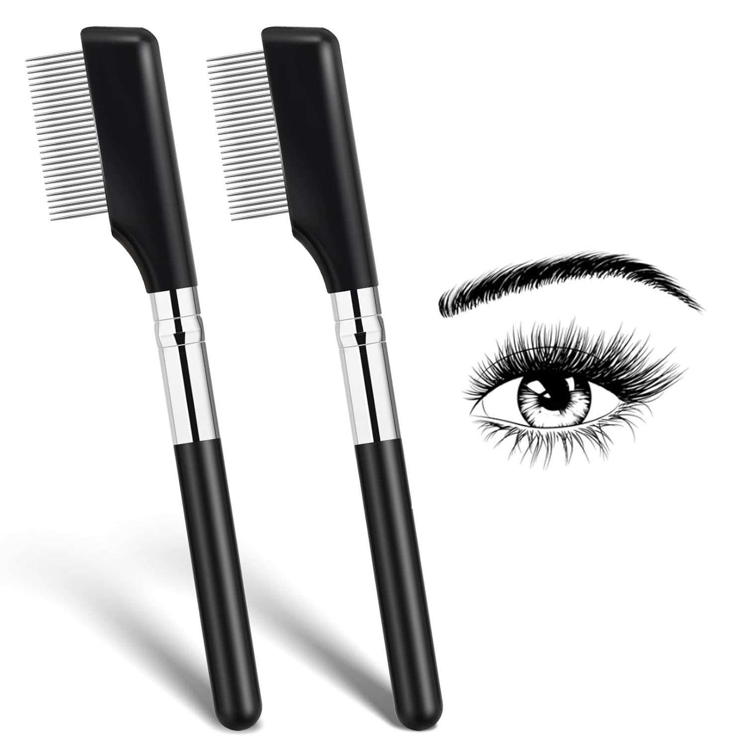 Metal Eyelash Comb and Eyebrow Brush Set - 2 Pack Short Handle Grooming Tools