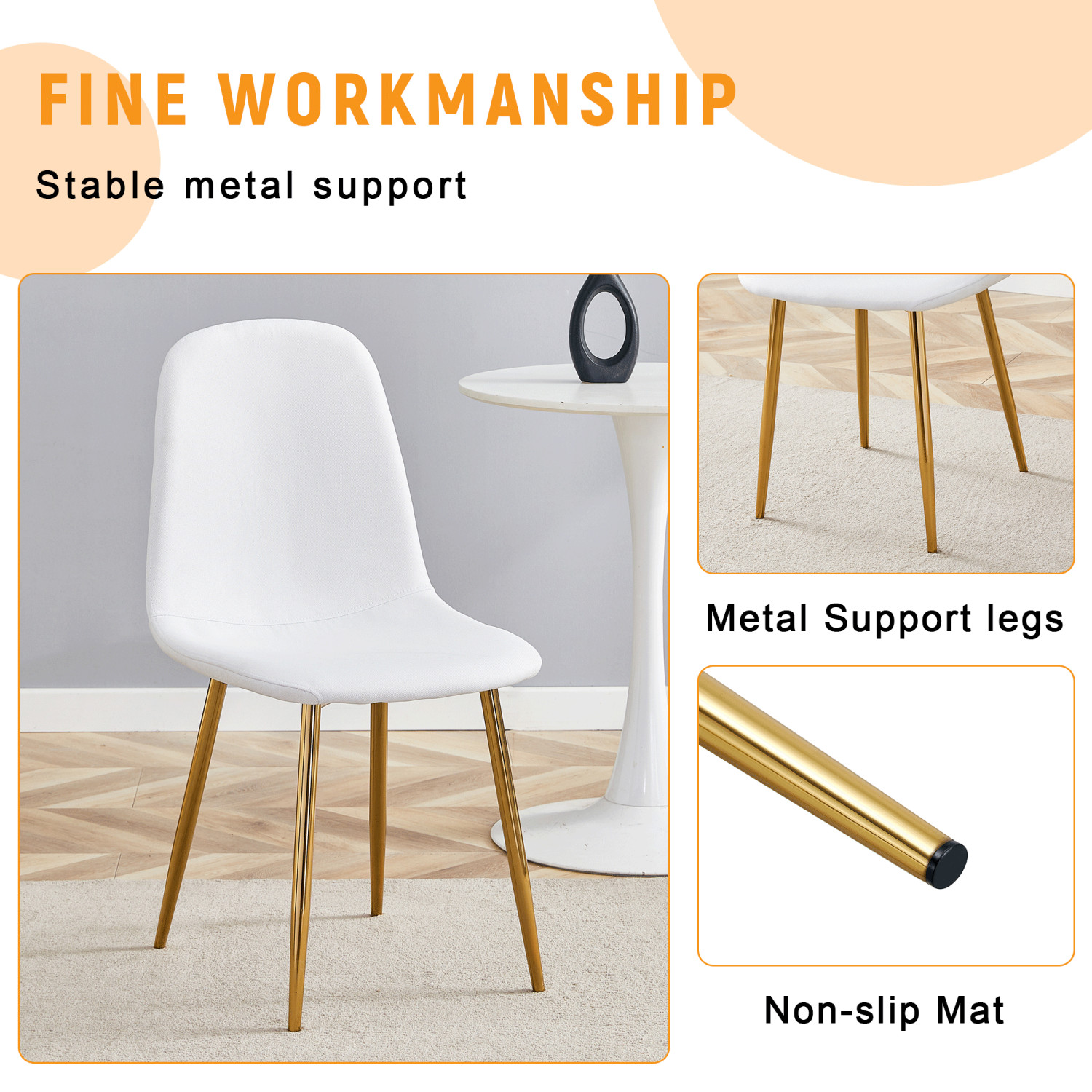 Set of 4 Modern Dining Chair Linen Upholstered Kitchen Chairs with Metal Legs