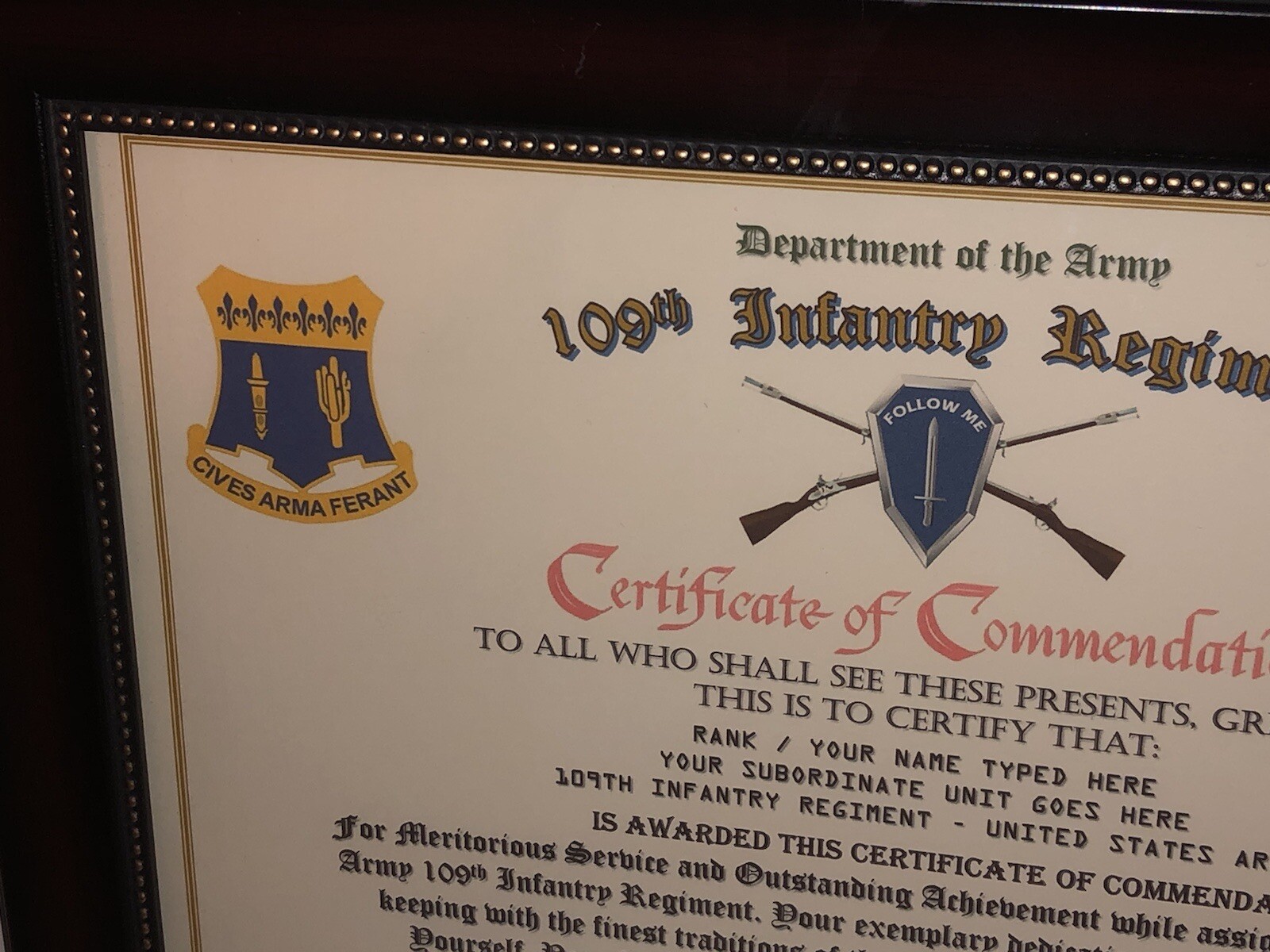 109TH INFANTRY REGIMENT / COMMEMORATIVE - CERTIFICATE OF COMMENDATION