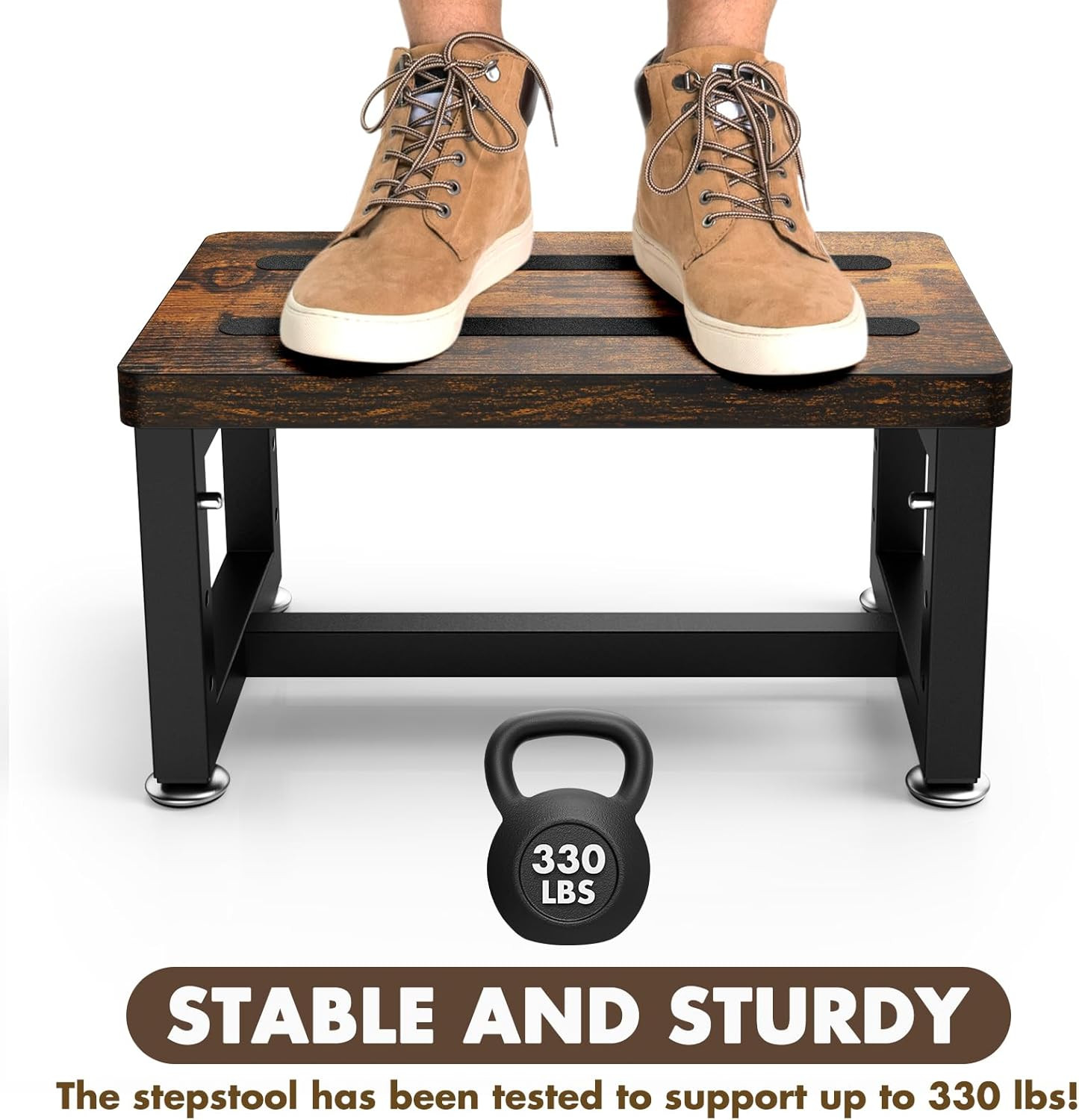 Step Stool, Height-Adjustable Wooden Step Ladder Metal Foot Stool Small Kitchen