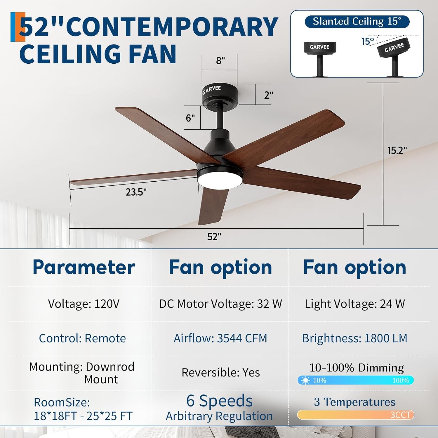 52" Ceiling Fan with Lights 3CCT Dimmable LED 6 Speeds 5 Blade with Remote Timer