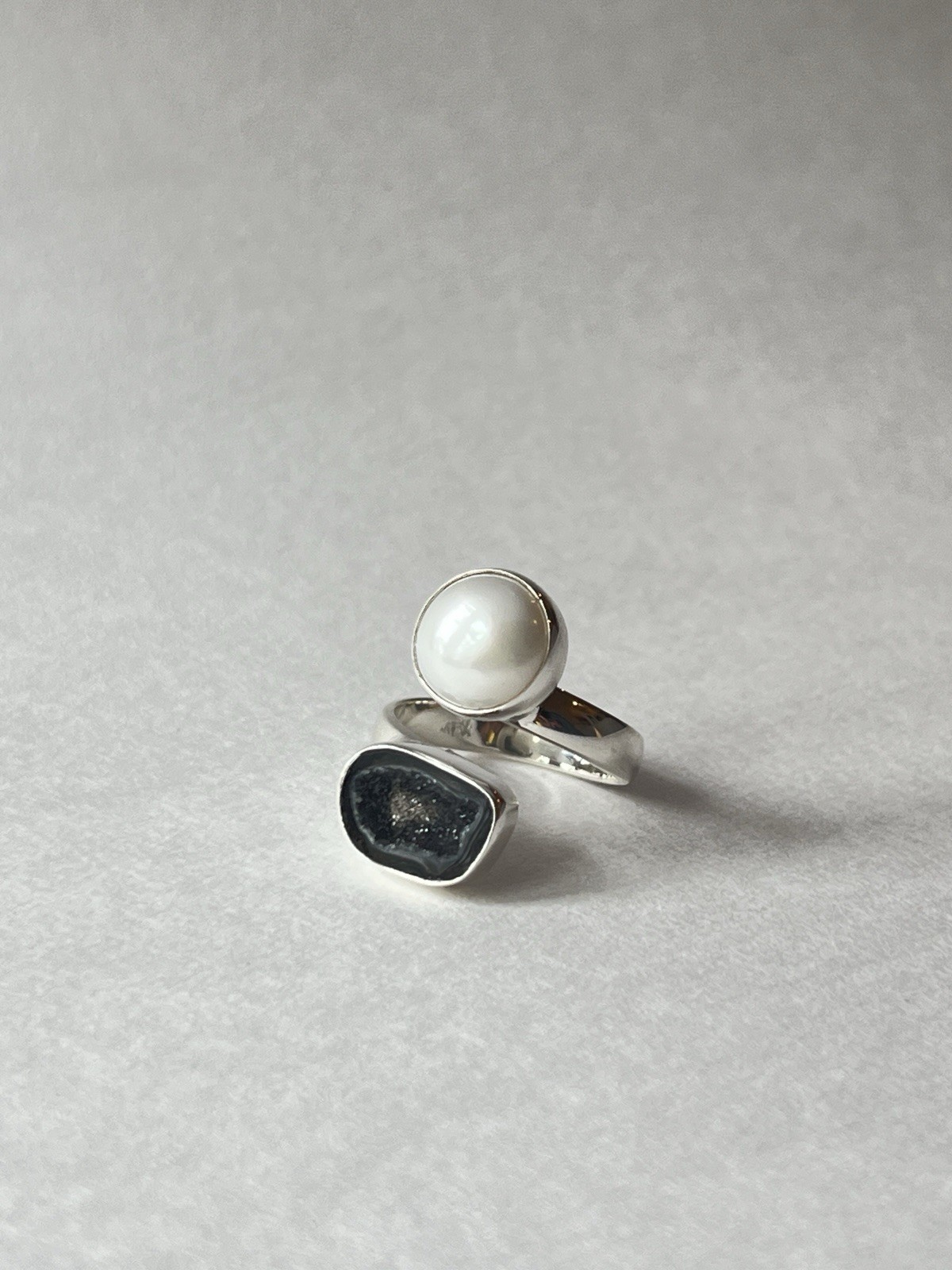 Pearl & Geode Adjustable Ring 925 Sterling Silver Size 7