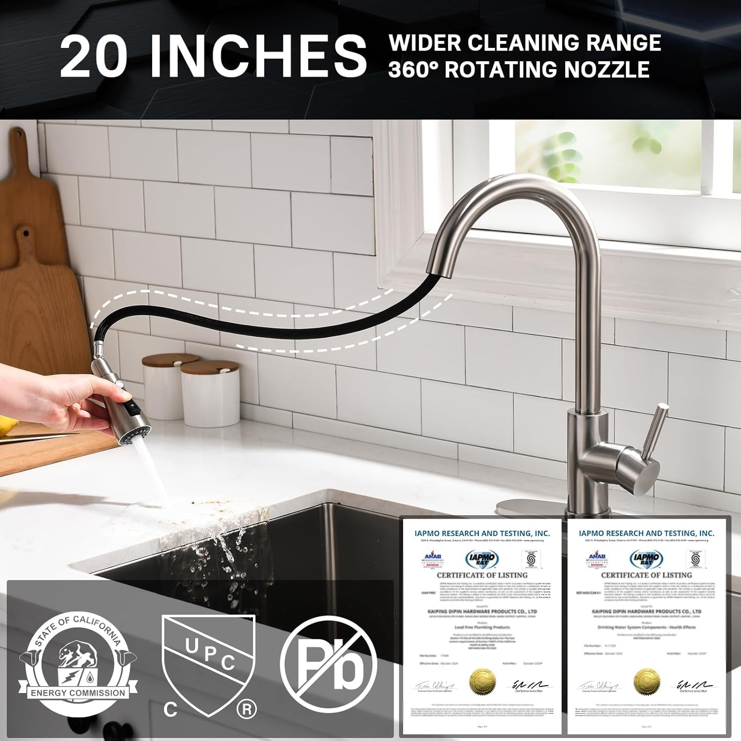 WEWE Single Handle High Arc Brushed Nickel Pull Out Kitchen Faucet,Single Level