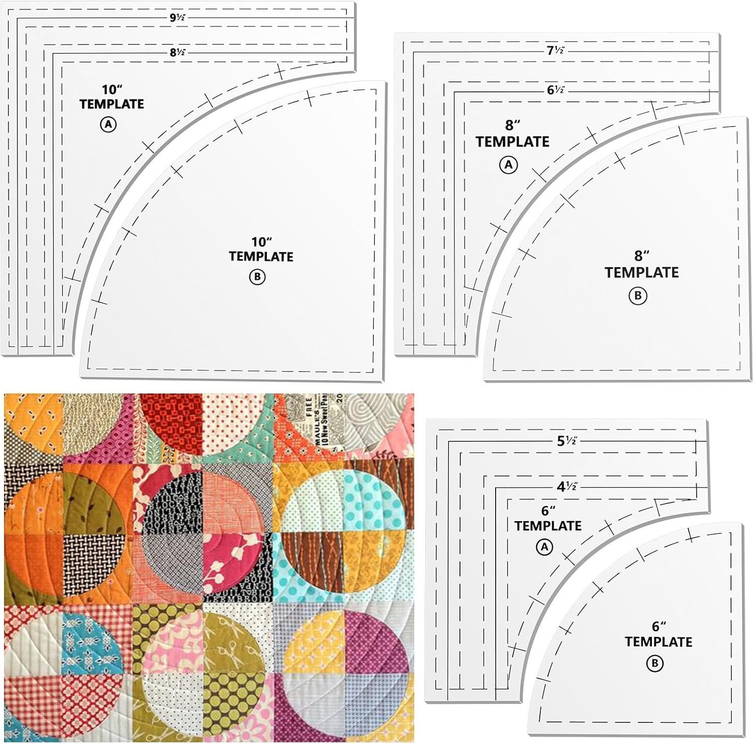 Drunkards Path Quilting Templates Set 10 8 6 Clear with 1/4 Seam