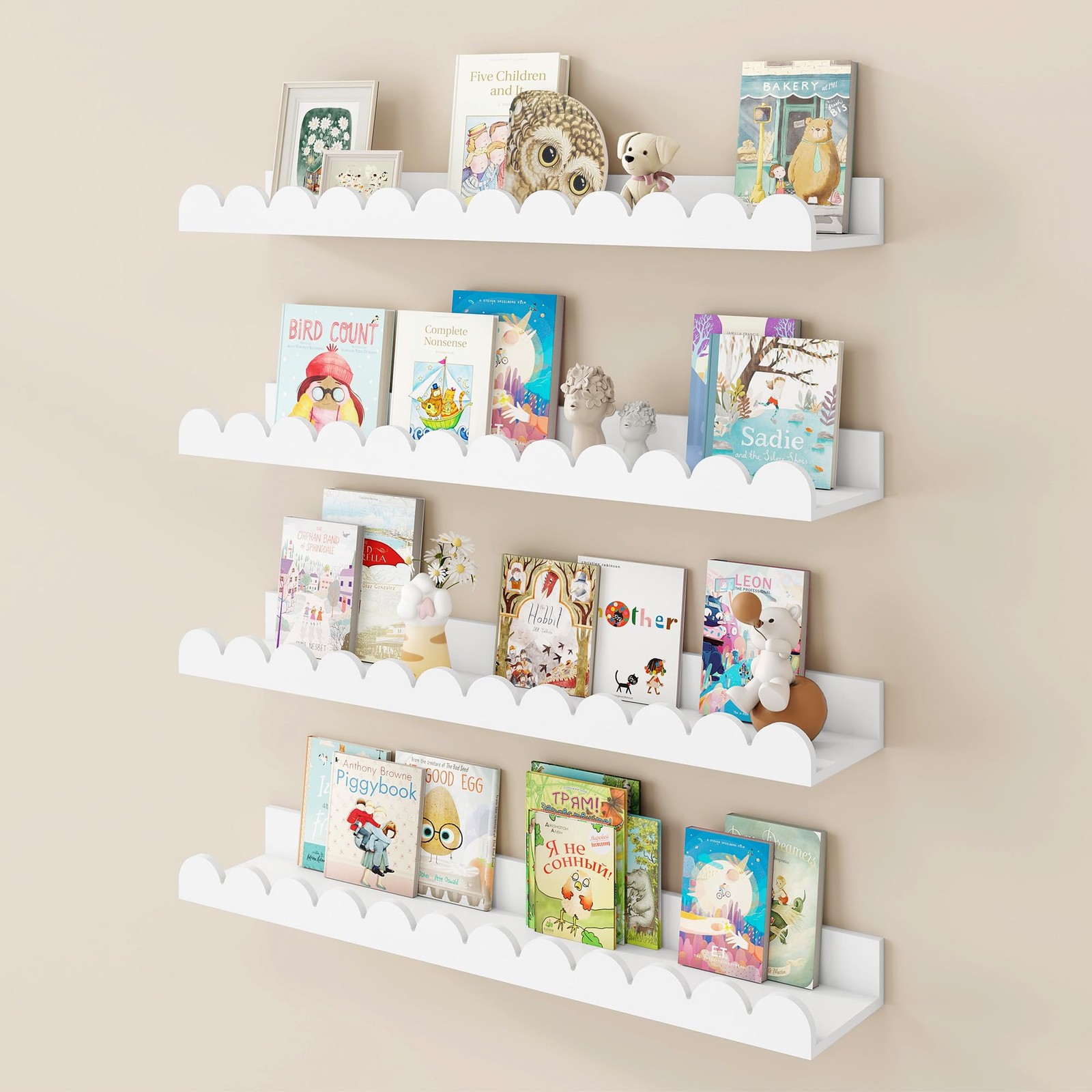 24 Inch White Nursery Book Shelf, Scalloped Picture Ledge for Wall, Set of 4,...