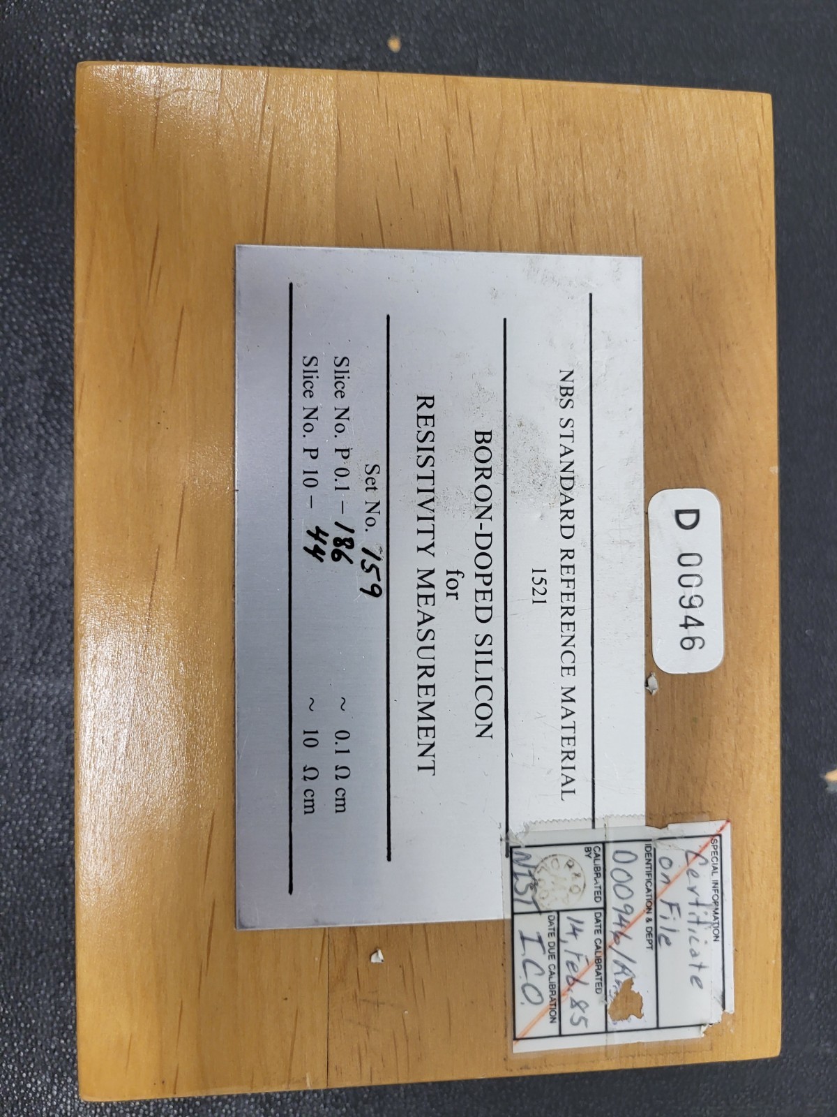 NBS (NIST) SRM 1521 Boron-Doped Silicon Resistivity Standard Slices Set