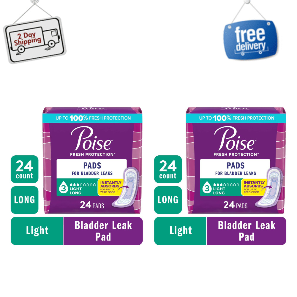 Poise Incontinence Pads for Women, 3 Drop Light Absorbency, Long Length, 48 Ct