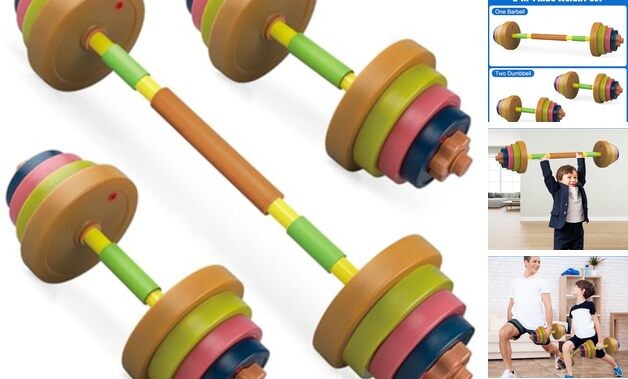 Kids Exercise Weight Set, Barbell and Dumbbell Workout Equipment, 2-In-1