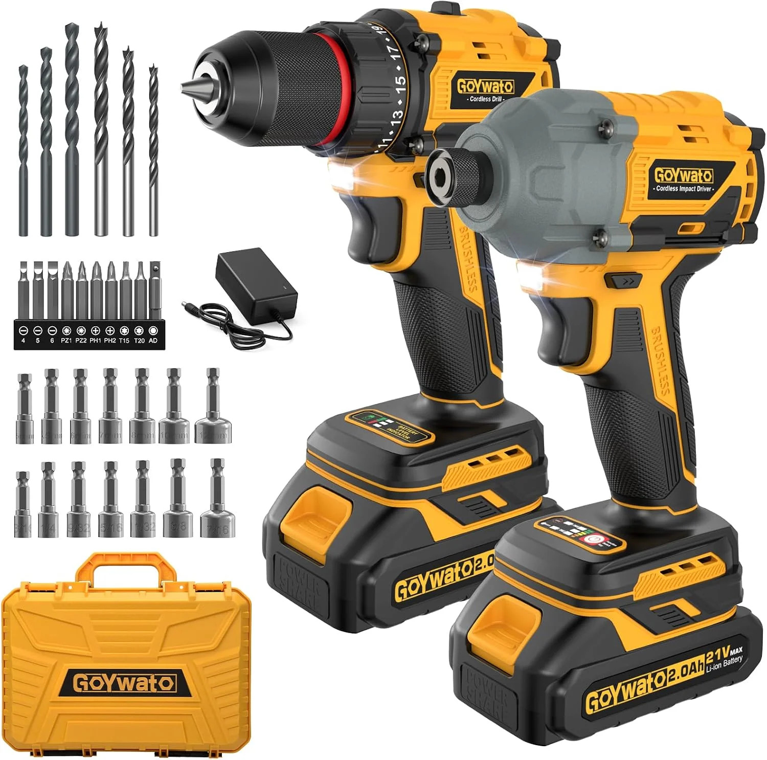 Power Tool Combo Kits - 21V Brushless 3/8" Cordless Drill and 1/4" Impact Driver