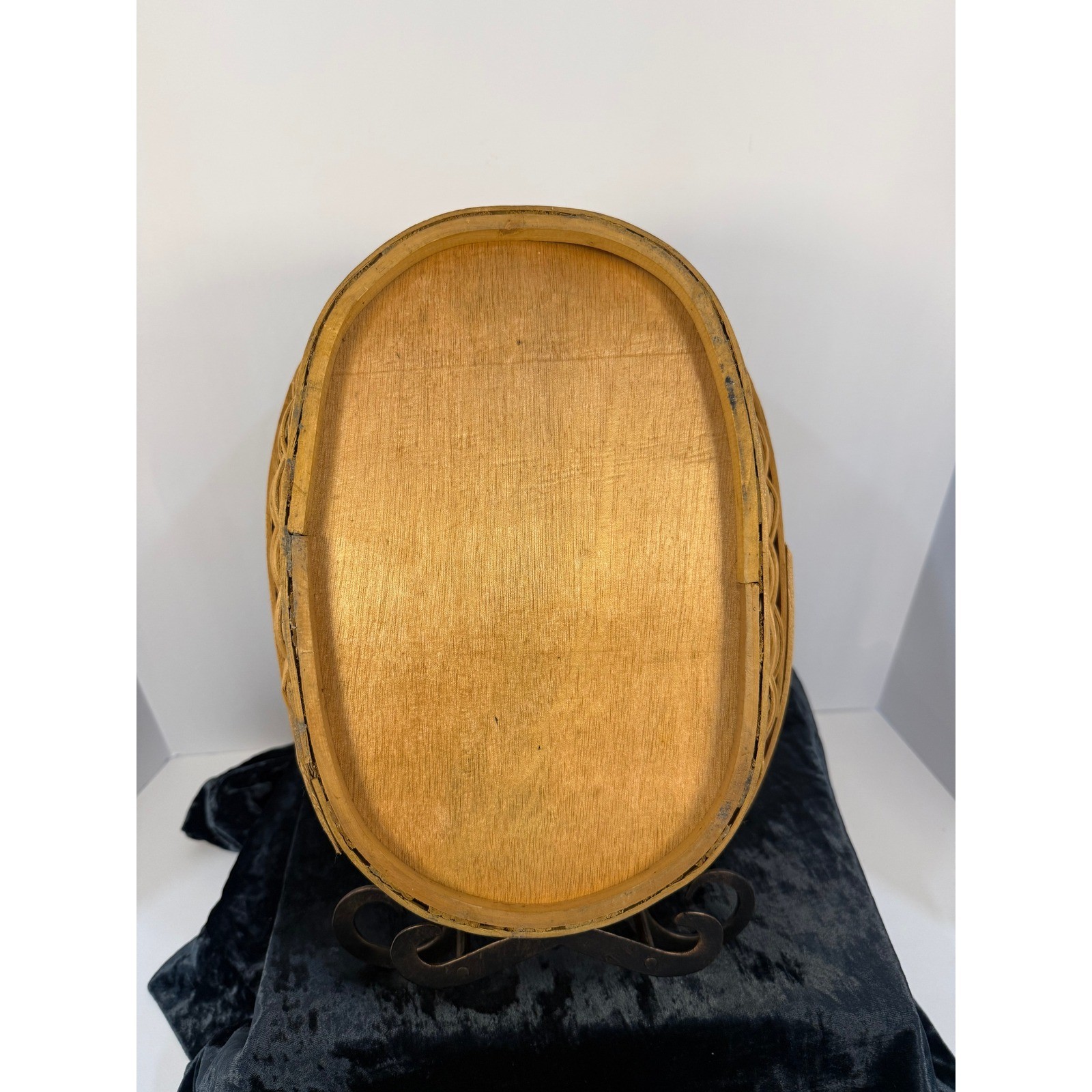 Vintage Woven Oval Basket Wood Base Craft Storage Decor Organizer