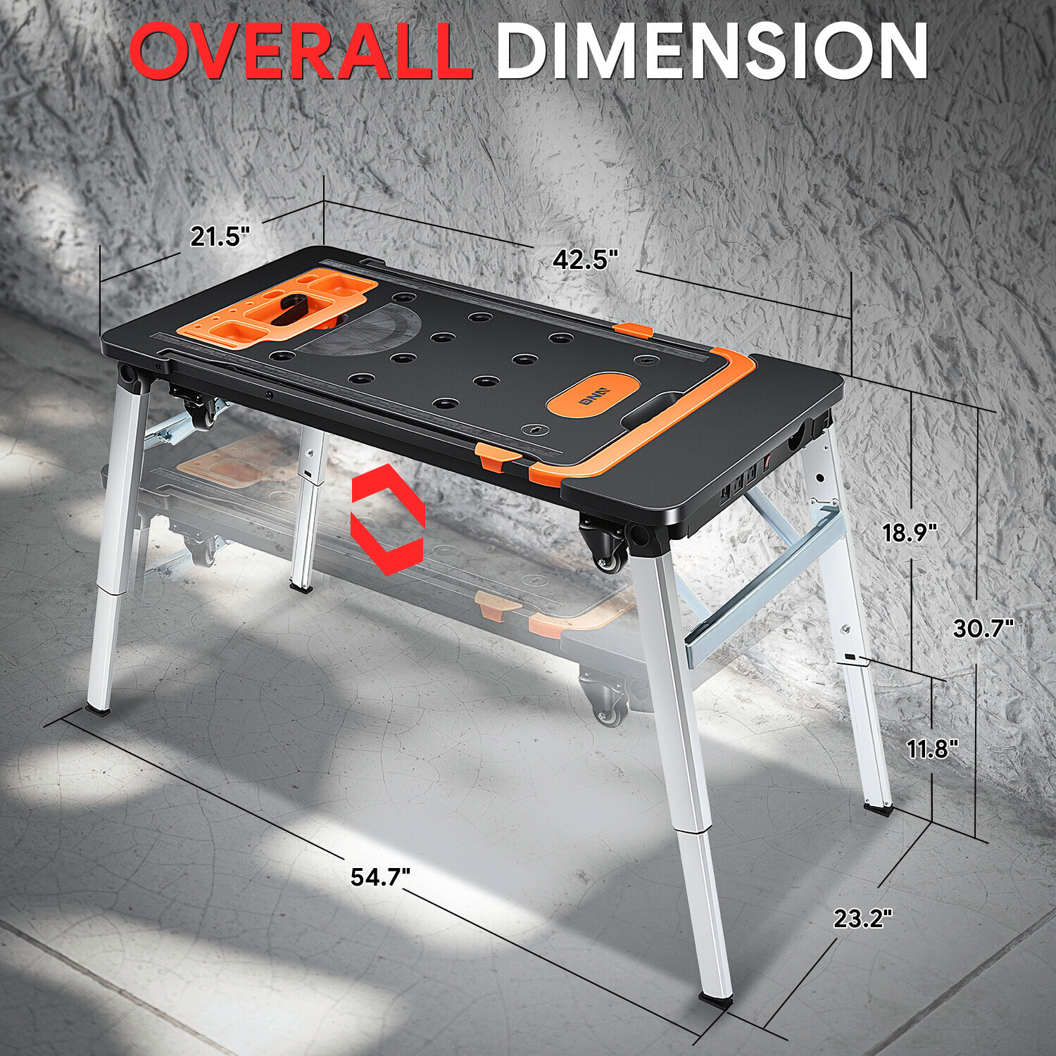 220 LBS 7-In-1 Multifunctioanl Adjustable Foldable Work Bench w/ 4 Wheels Orange
