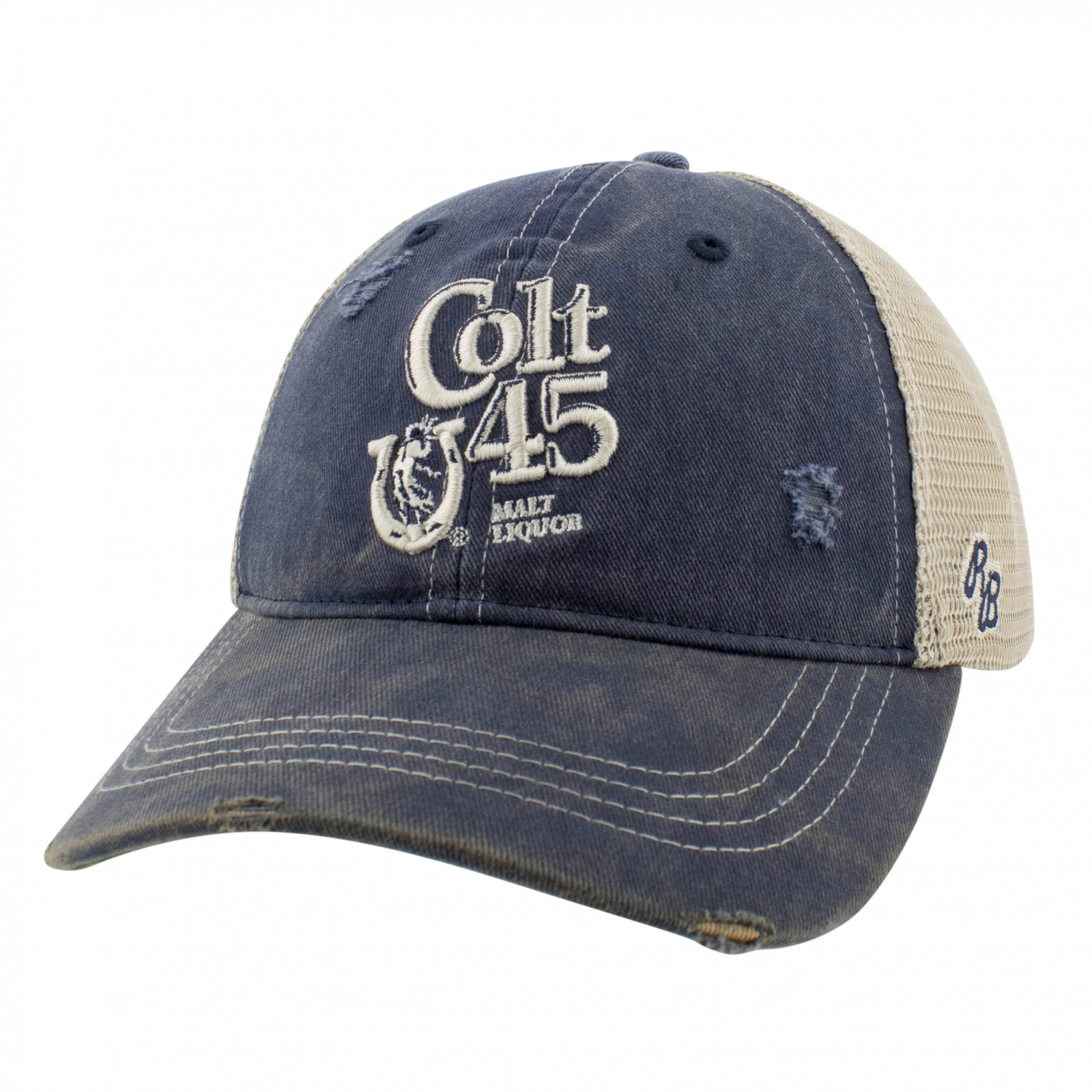Colt 45 Malt Liquor Distressed Denim Trucker Hat Blue