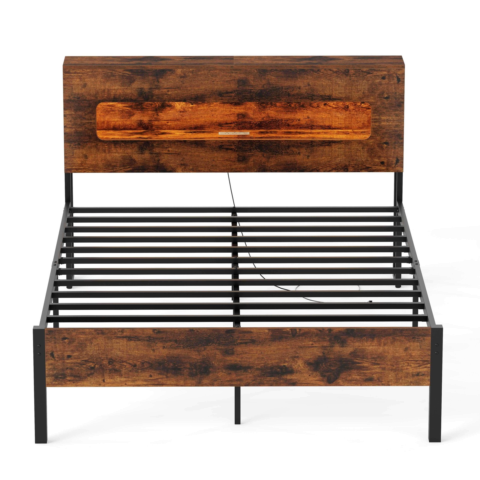 Full Bed Frame w/LED Lights Storage Headboard Power Outlets Strong Metal Support