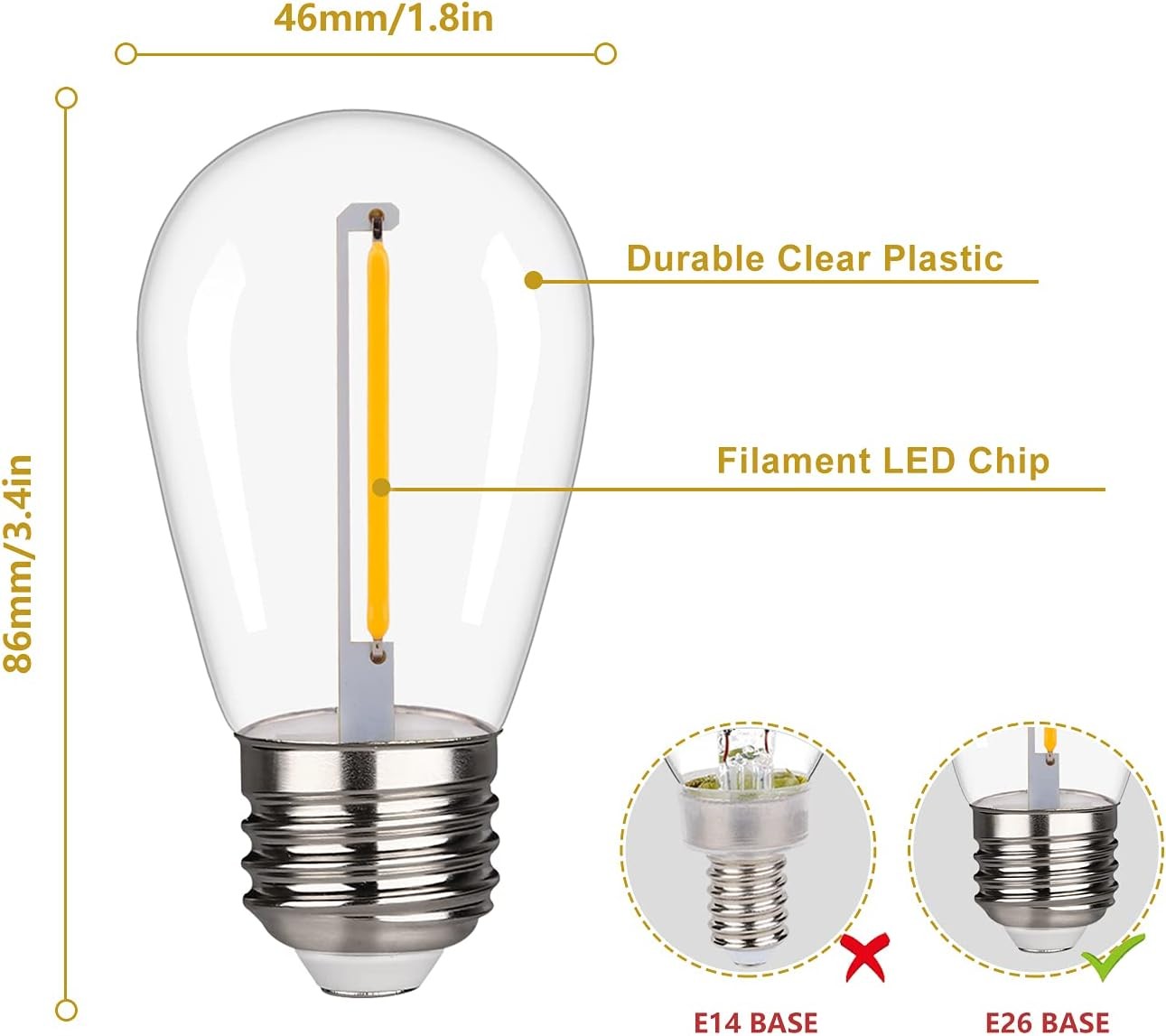 Shatterproof LED String Lights, Waterproof, Warm White 2200K, 70LM, E26 Base