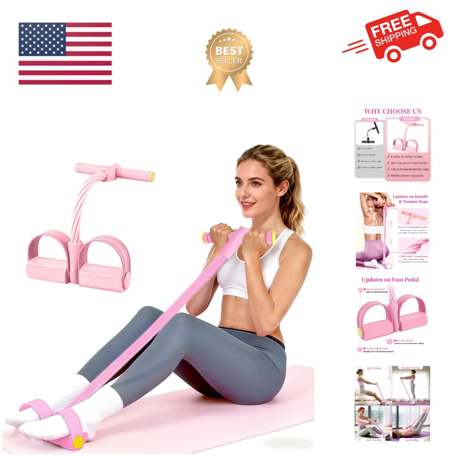 Pedal Resistance Bands with Handles, Upgrade 6-Tubes Manual Tension Training ...