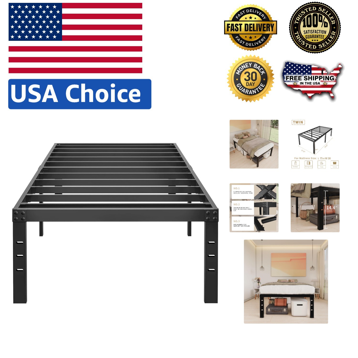 Durable 16-Inch Twin Bed Frame with Under-bed Storage - Noise-Free Assembly