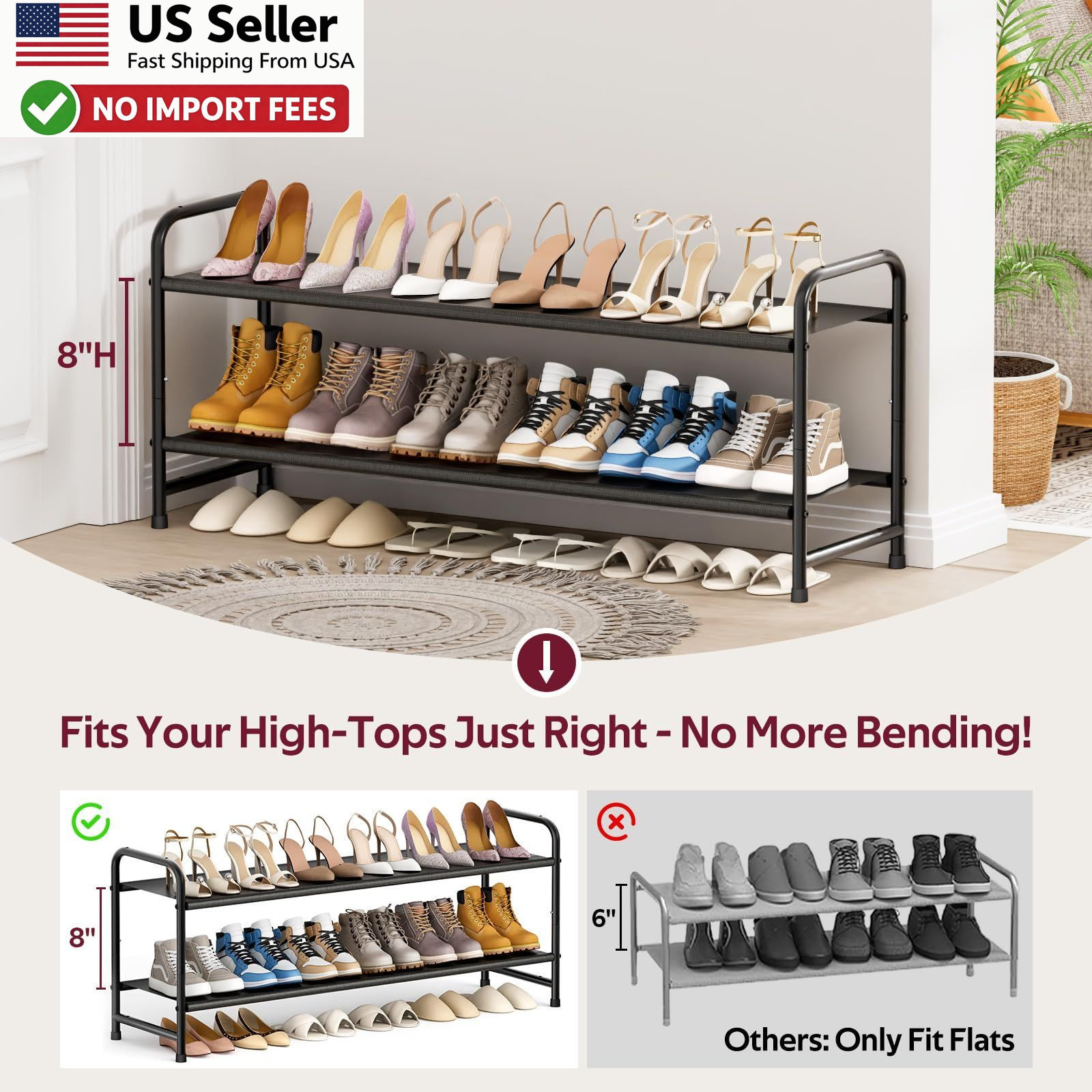 SLEEPING LAMB 2-Tier Long Shoe Organizer Stackable 18-Pairs Rack Black FROM USA