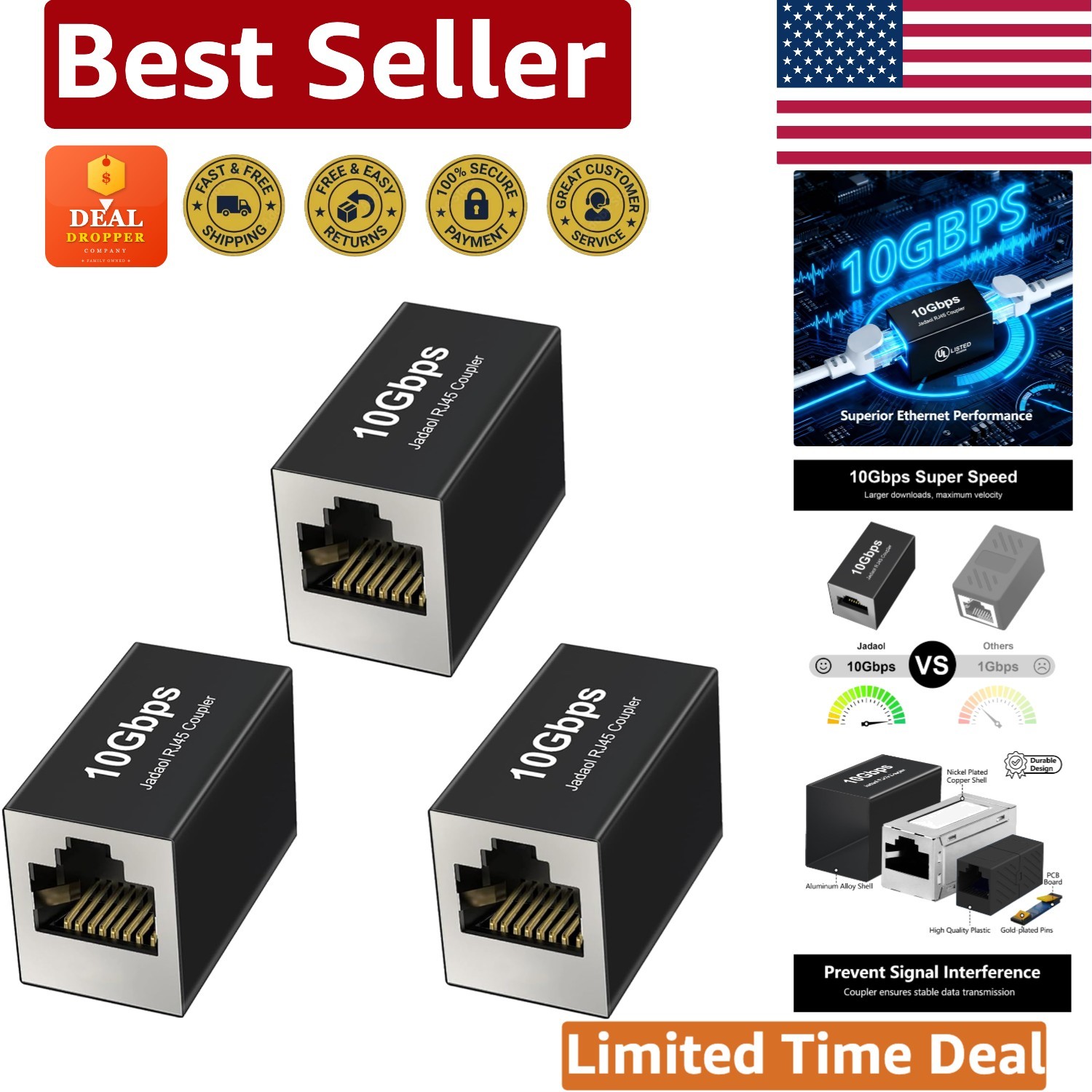 Listed 10Gbps RJ45 Coupler, Gold-Plated, Aluminum Ethernet Extender 3-Pack