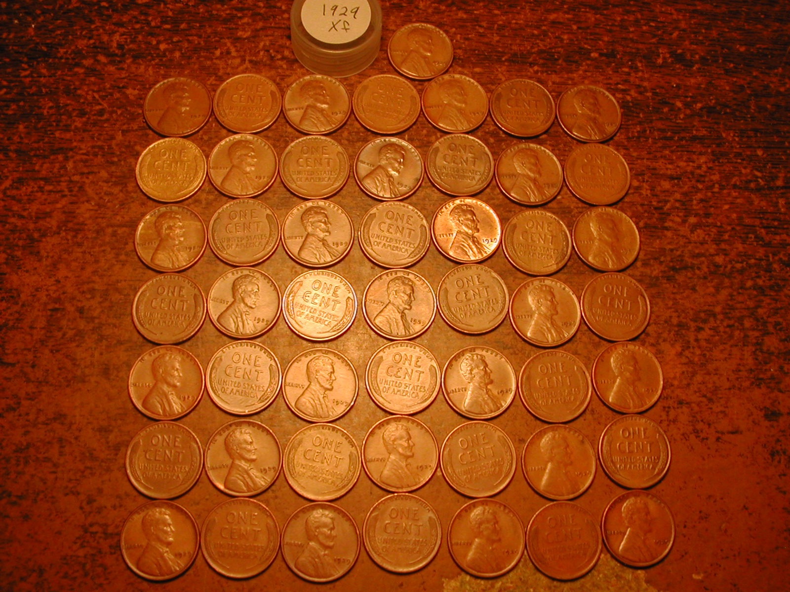1929-P LINCOLN WHEAT CENT PENNY ROLL, ALL COINS "XF", SUPERB ROLL!