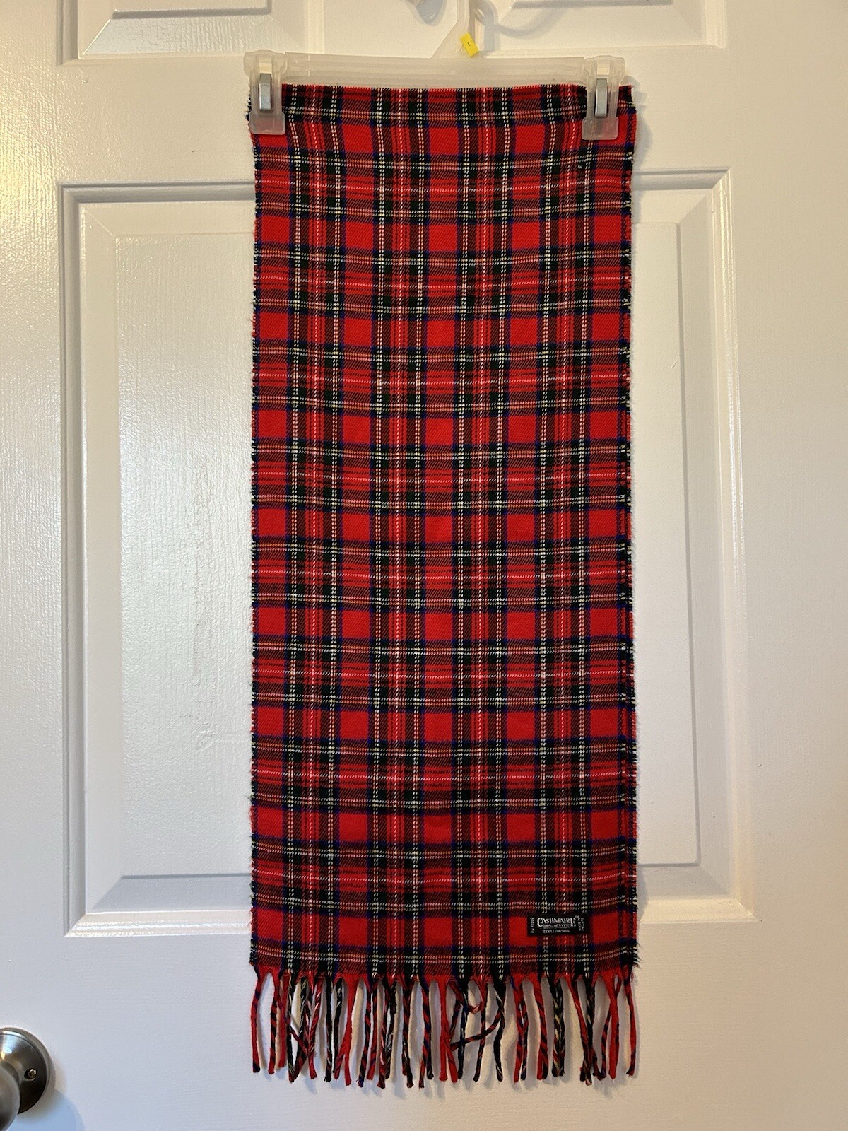 Cashmaire Plaid Fringed Scarf Red Black 100% Acrylic Dry Clean Made In England