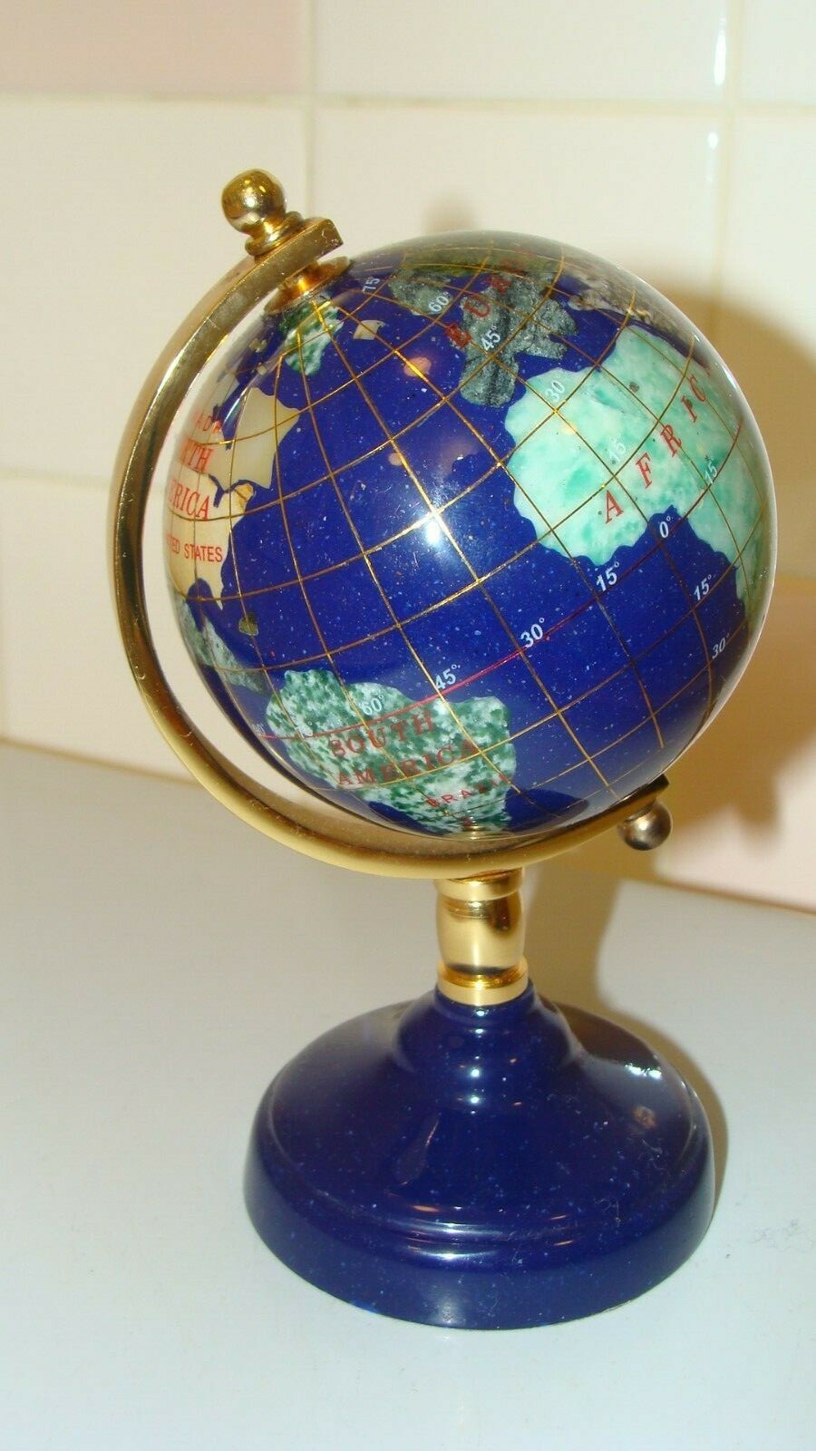 Semi Precious Gemstone World Globe Lapis Sea Lapis Base 6" tall