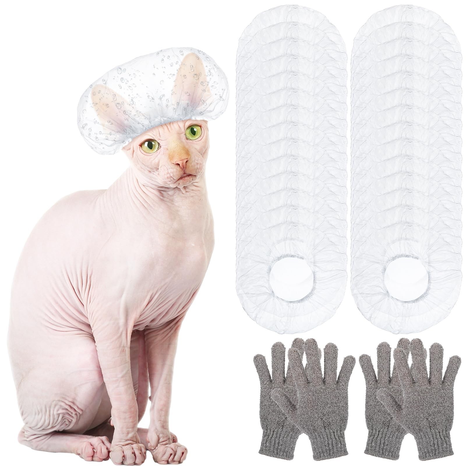100 Pack Pet Shower Caps Bamboo Exfoliating Gloves for Sphynx Cats Puppies