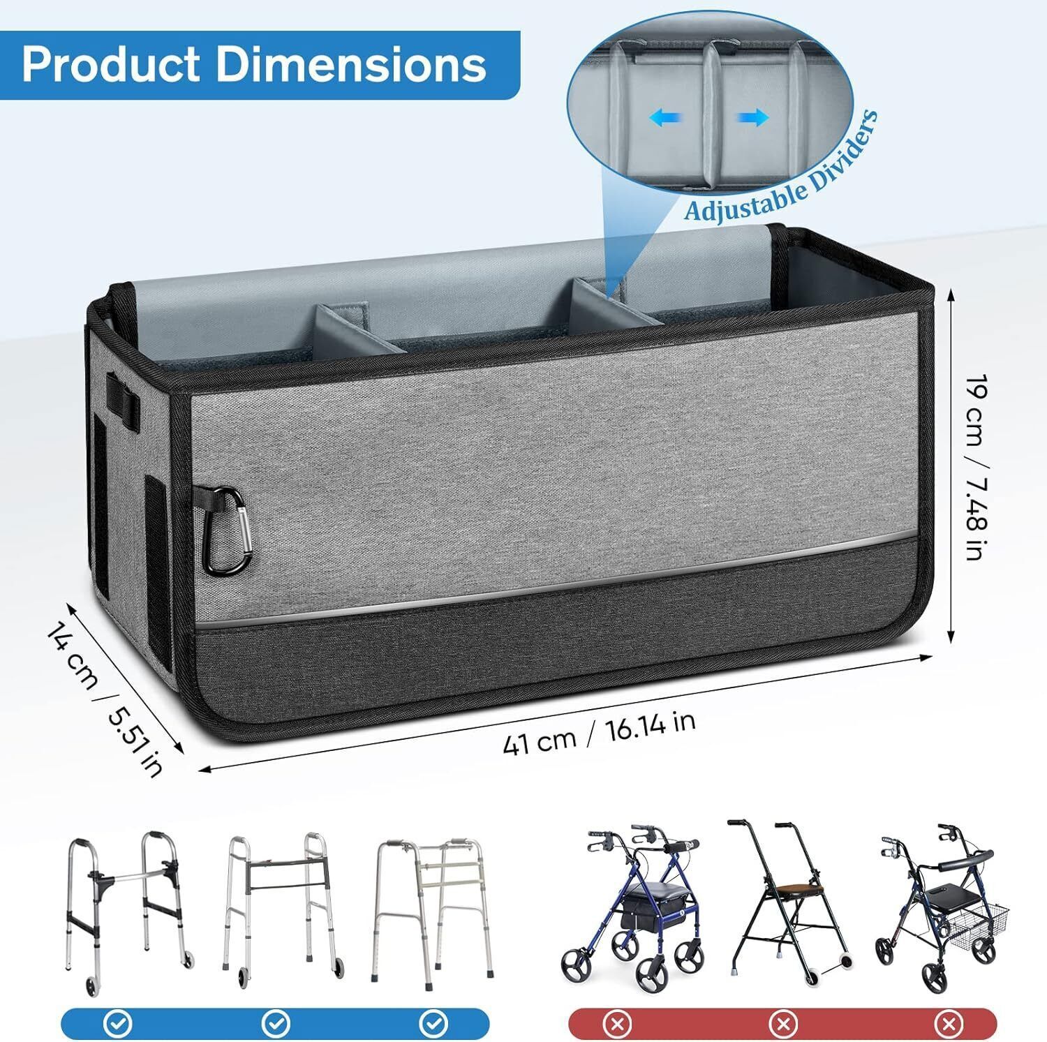 Large Capacity Walker Basket for Folding Walkers, Foldable Walker Storage Bag