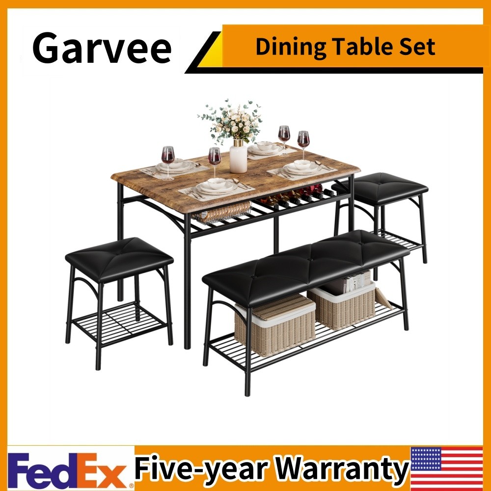 Kitchen Table Set for 4 Dining Table with Bench and 2 Square Stools Storage
