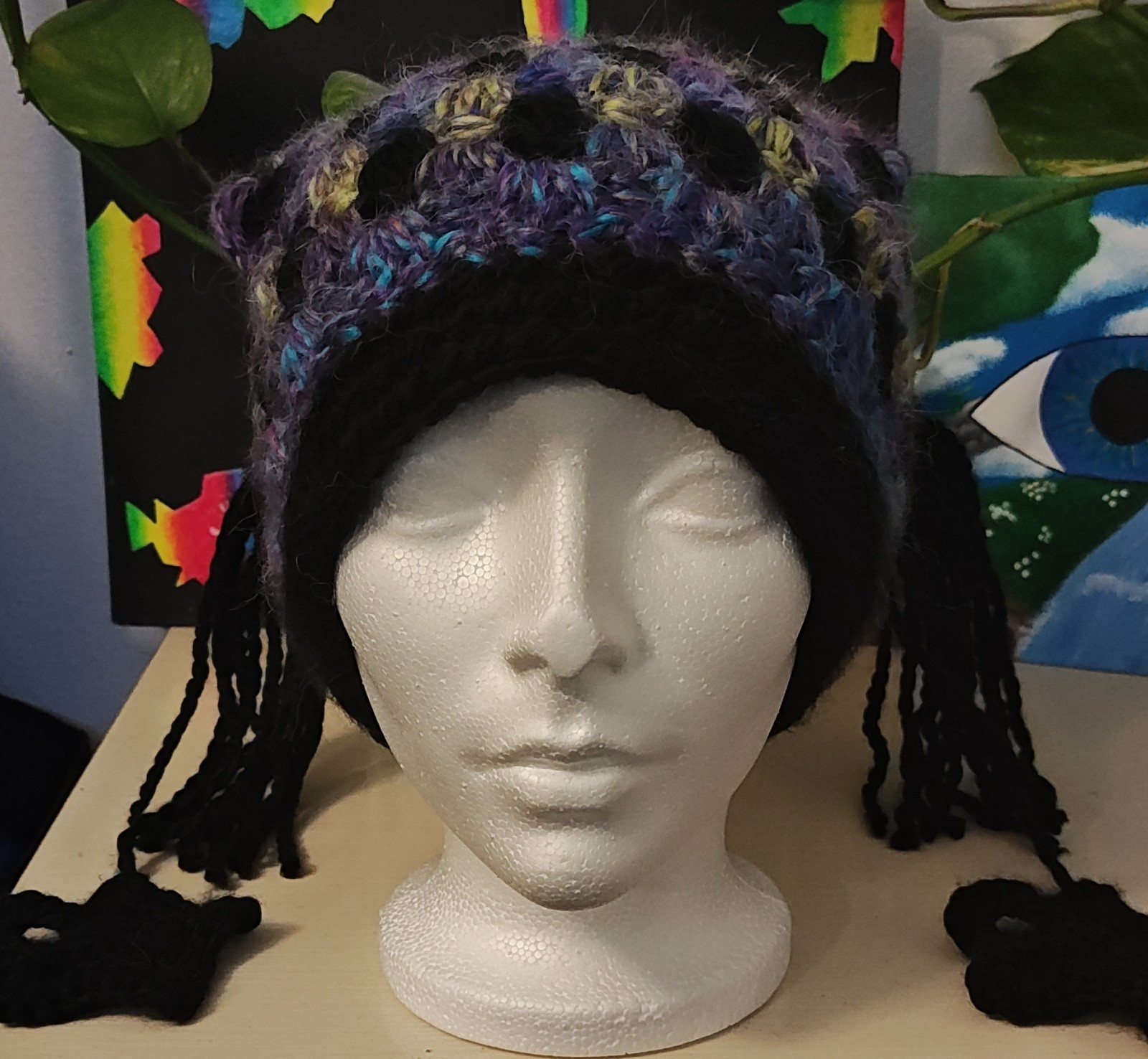 Handmade Crochet multi color Jester Hat w/ Star Tassles
