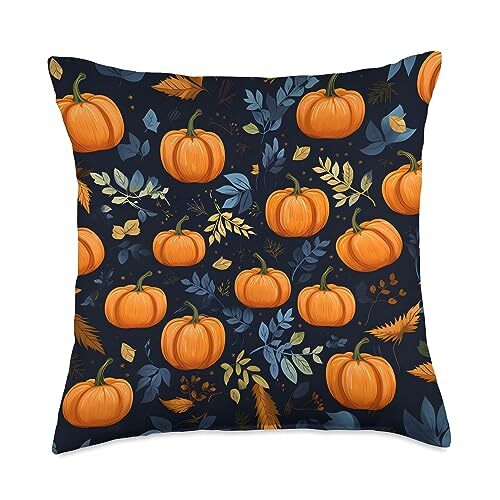 Pumpkins and Autumn Leaves Pattern Dark Background Throw Pillow 18x18 Multicolor