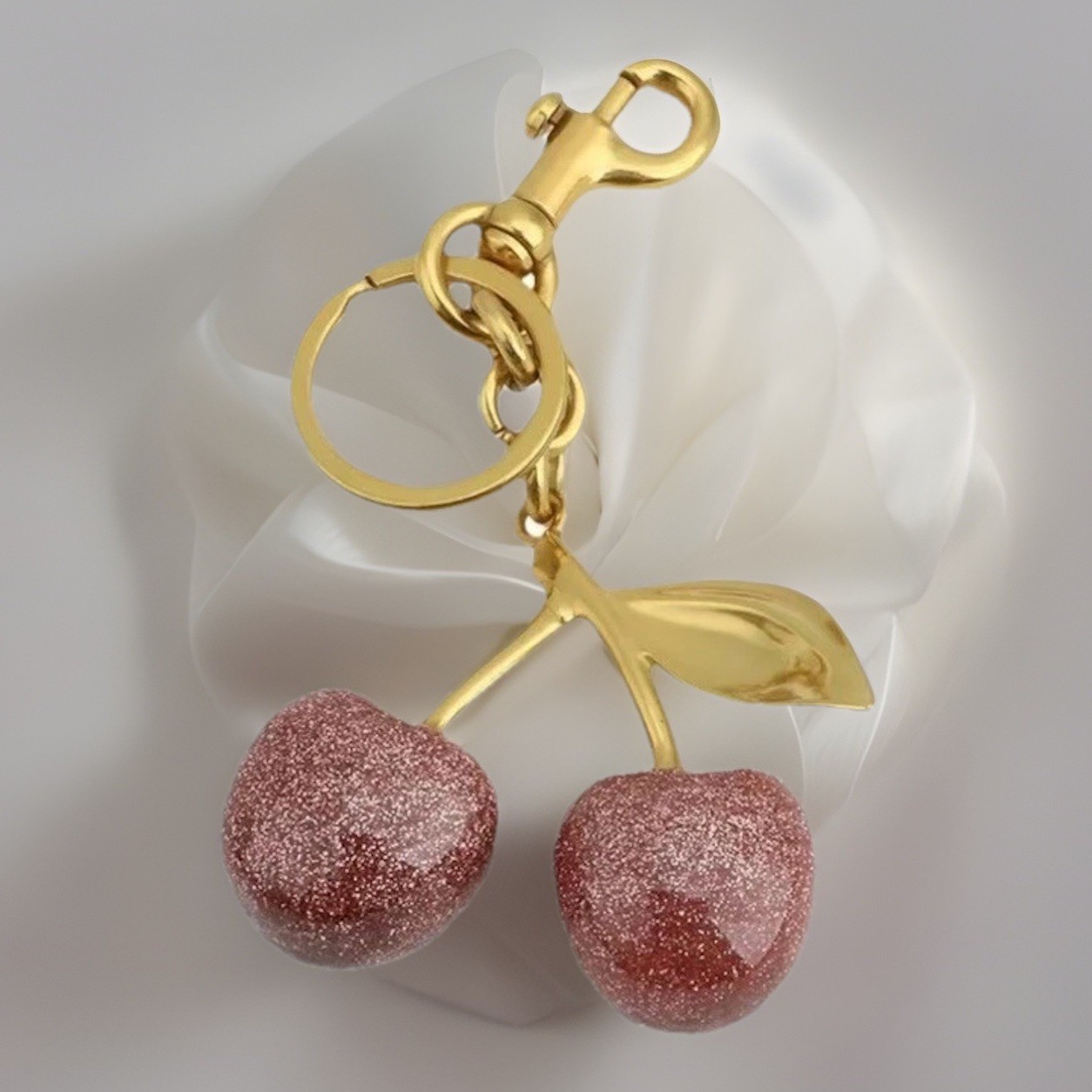 Glitter Pink Cherry Duo Bag Charm Gold Metal Keychain w/Premium Velvet Dustbag