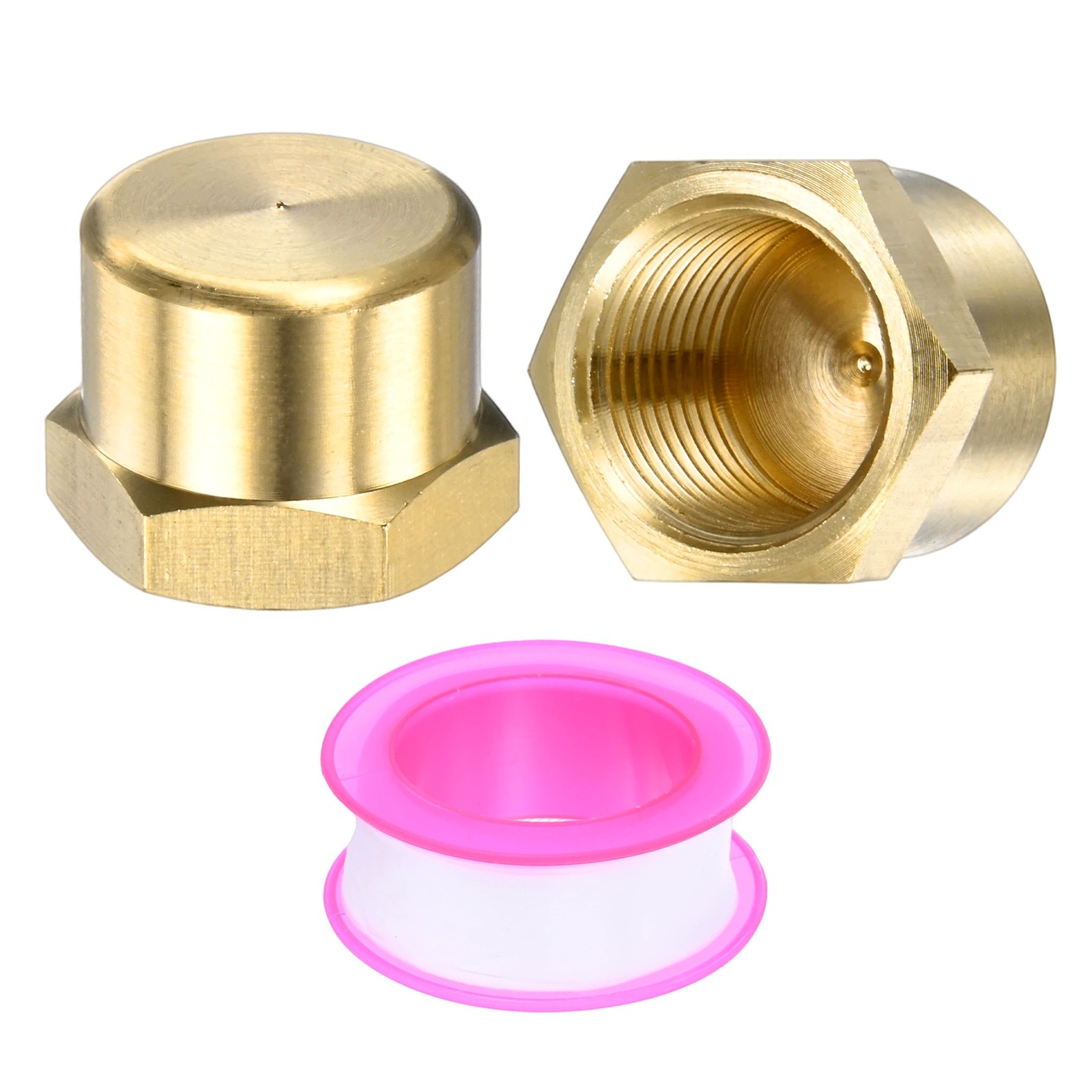 2-Pack Brass Pipe Fitting, 3/8 " NPT Female Thread Hex End Cap with Sealing Tape