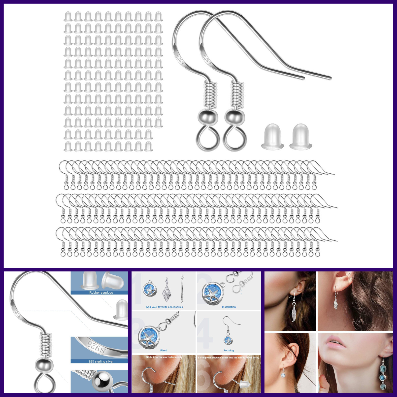 925 Sterling Silver Earring Hooks 120 PCS 60 Pairs Hypoallergenic Fish Hook Ear