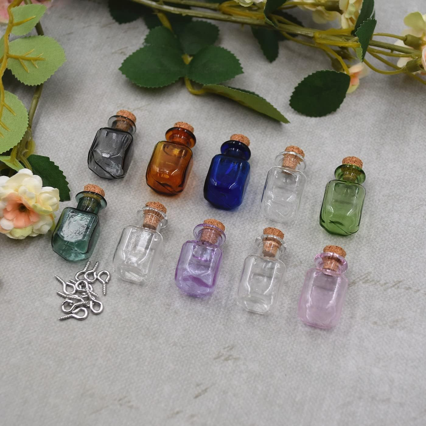 10Pcs Colored Tiny Glass Jars Mini Glass Bottles with Cork Stoppers Mini Square