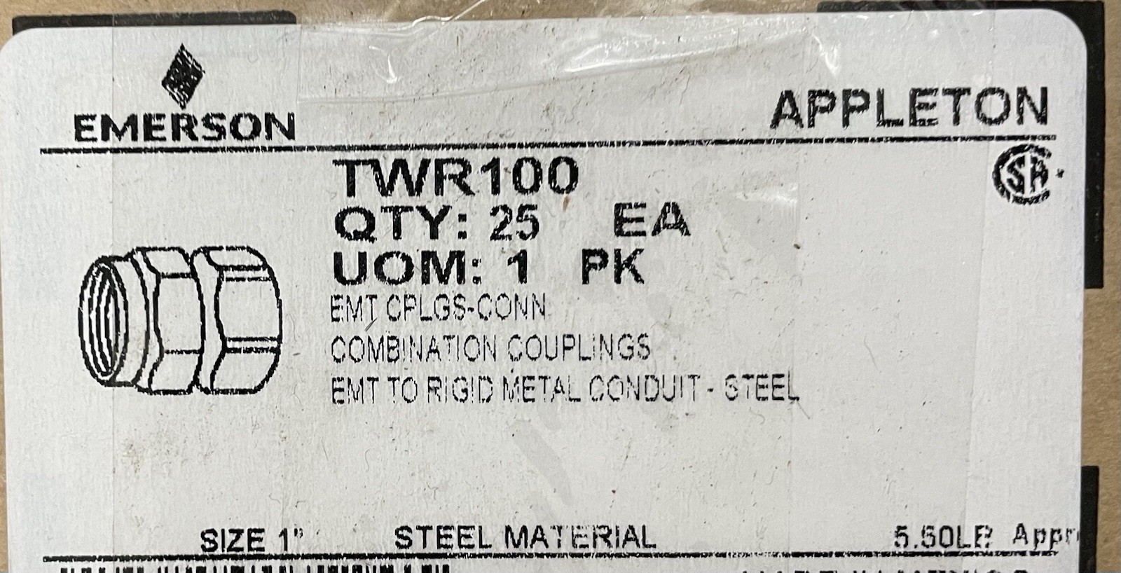 Appleton TWR-100, EMT/Rigid Conduit Combination Coupling, 1", 15 PC