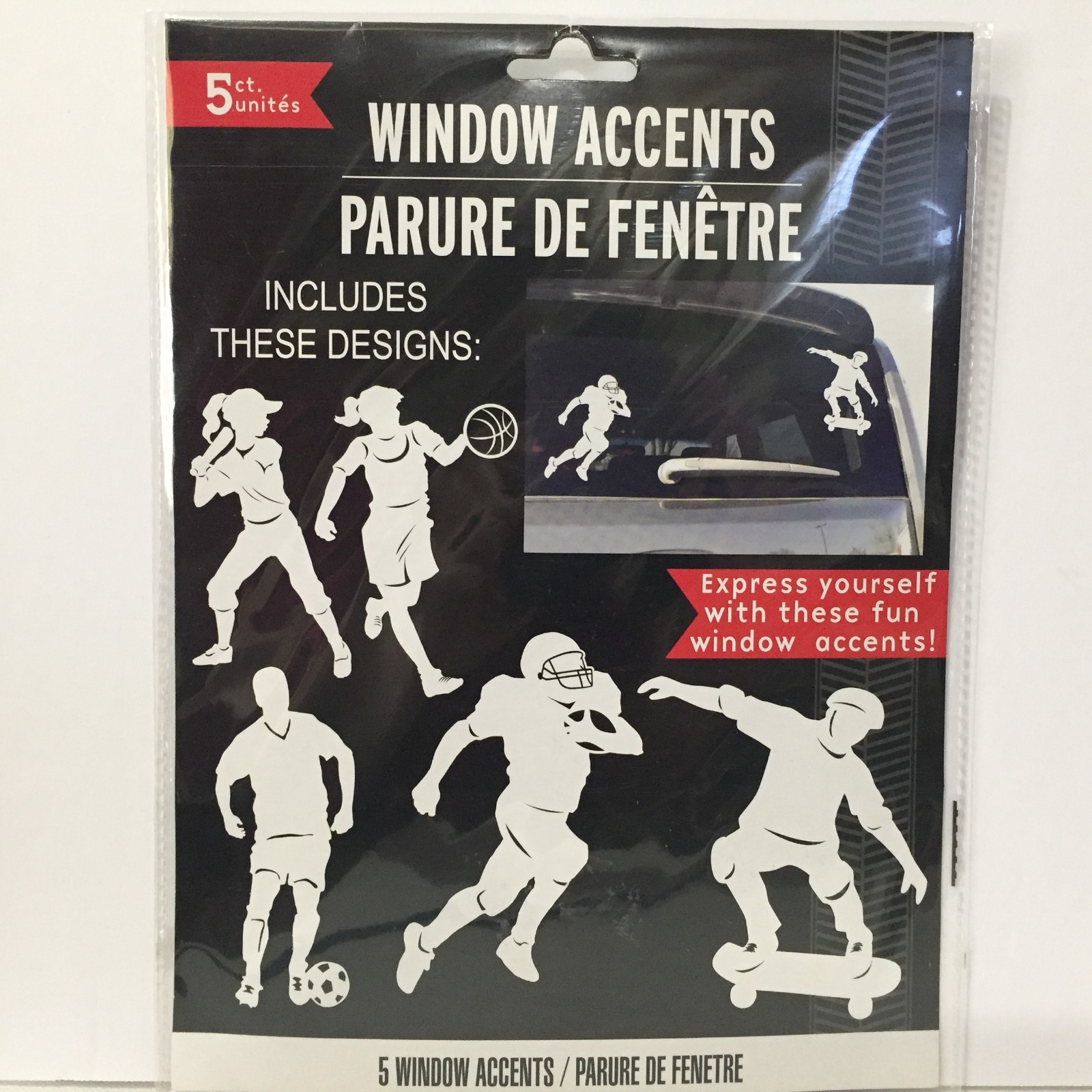 New 5 Ct Window Accents Sports Baseball Basketball Soccer Football Skateboard