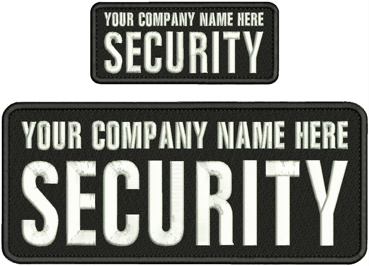 CUSTOM SECURITY EMBROIDERY PATCH 4X10 AND 2X5 HOOK ON BACK WHITE on black