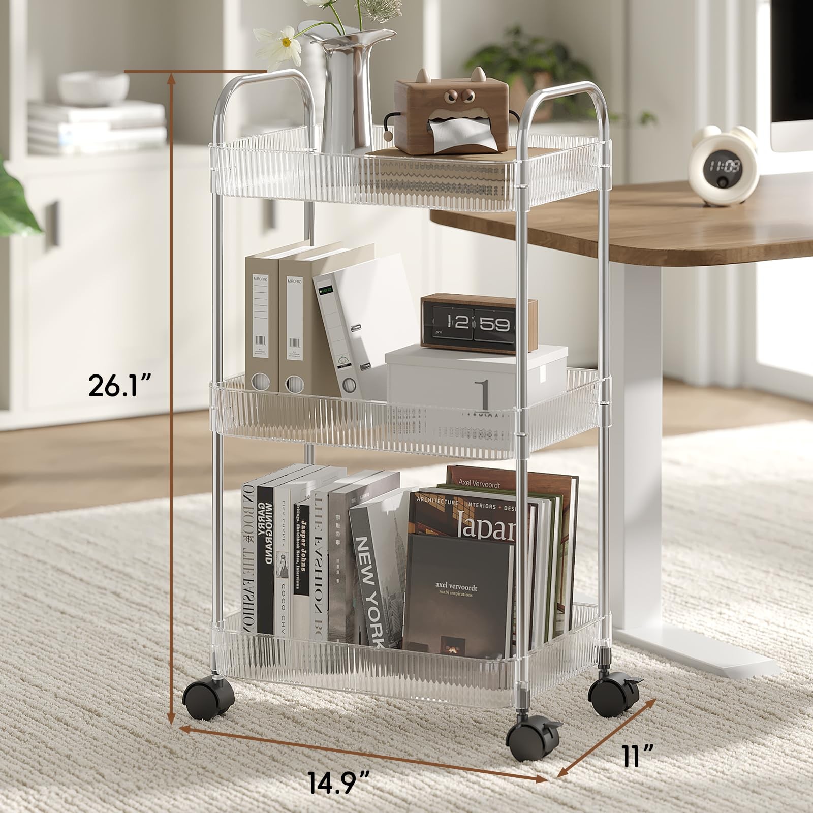 3 Tier Rolling Cart with Lockable Wheels, Clear Acrylic Utility Trolley with ...
