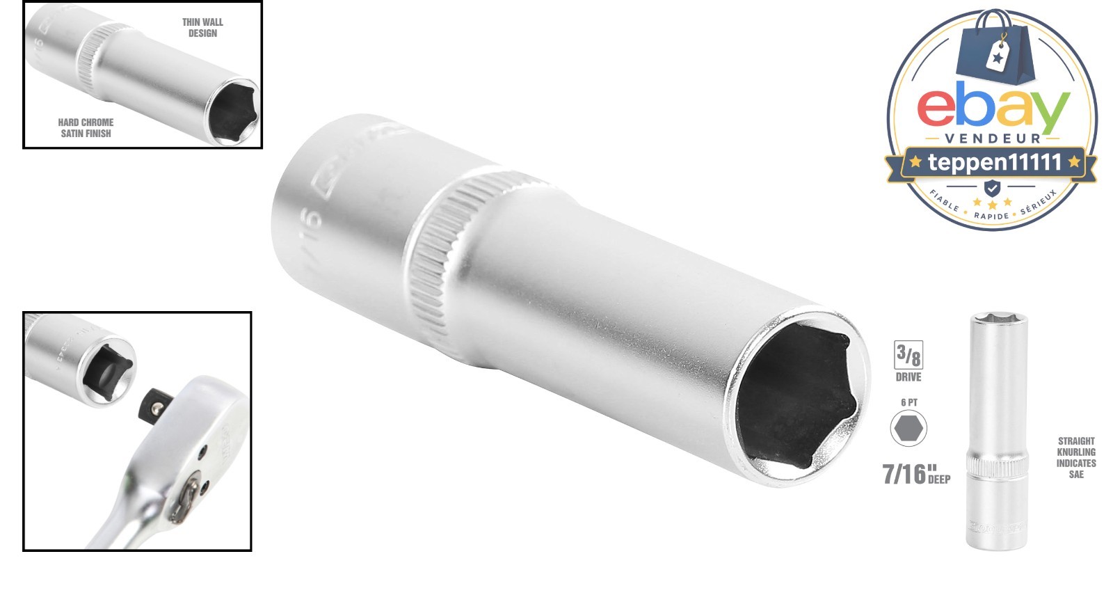 7/16" Deep Socket, 3/8" Drive, Thin Wall Design, Hex Automotive Tool