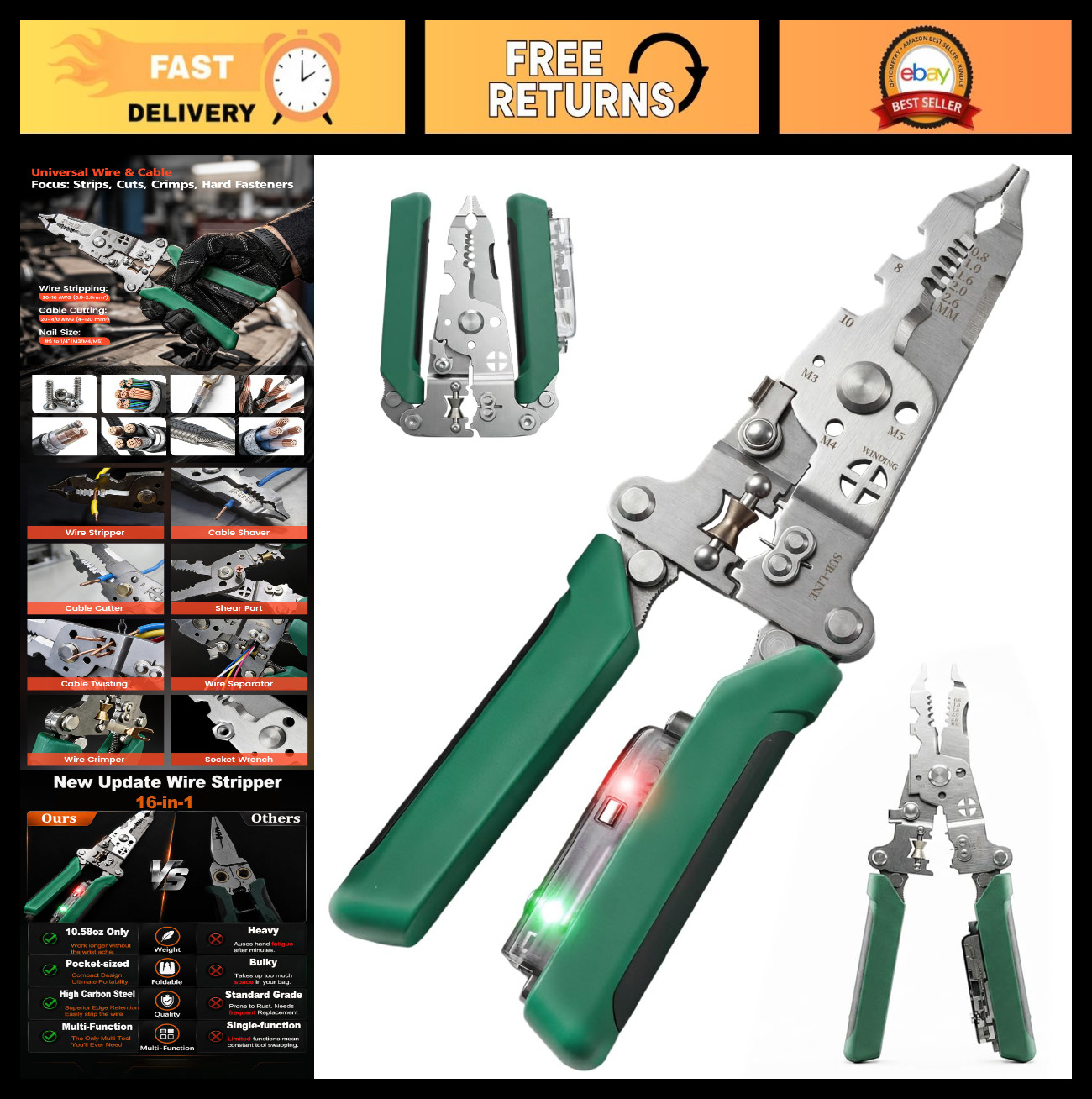 16-in-1 Wire Stripper & Voltage Tester, Heavy Duty Crimper & Cutter for DIY Repa